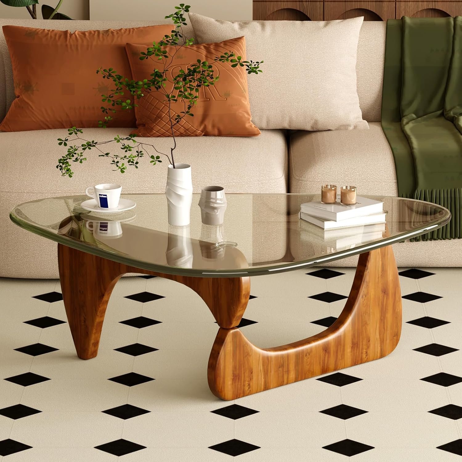 Coffee Table for Living Room Mid Century Modern Center Table with Glass Top,32 Inch, Walnut Transparent