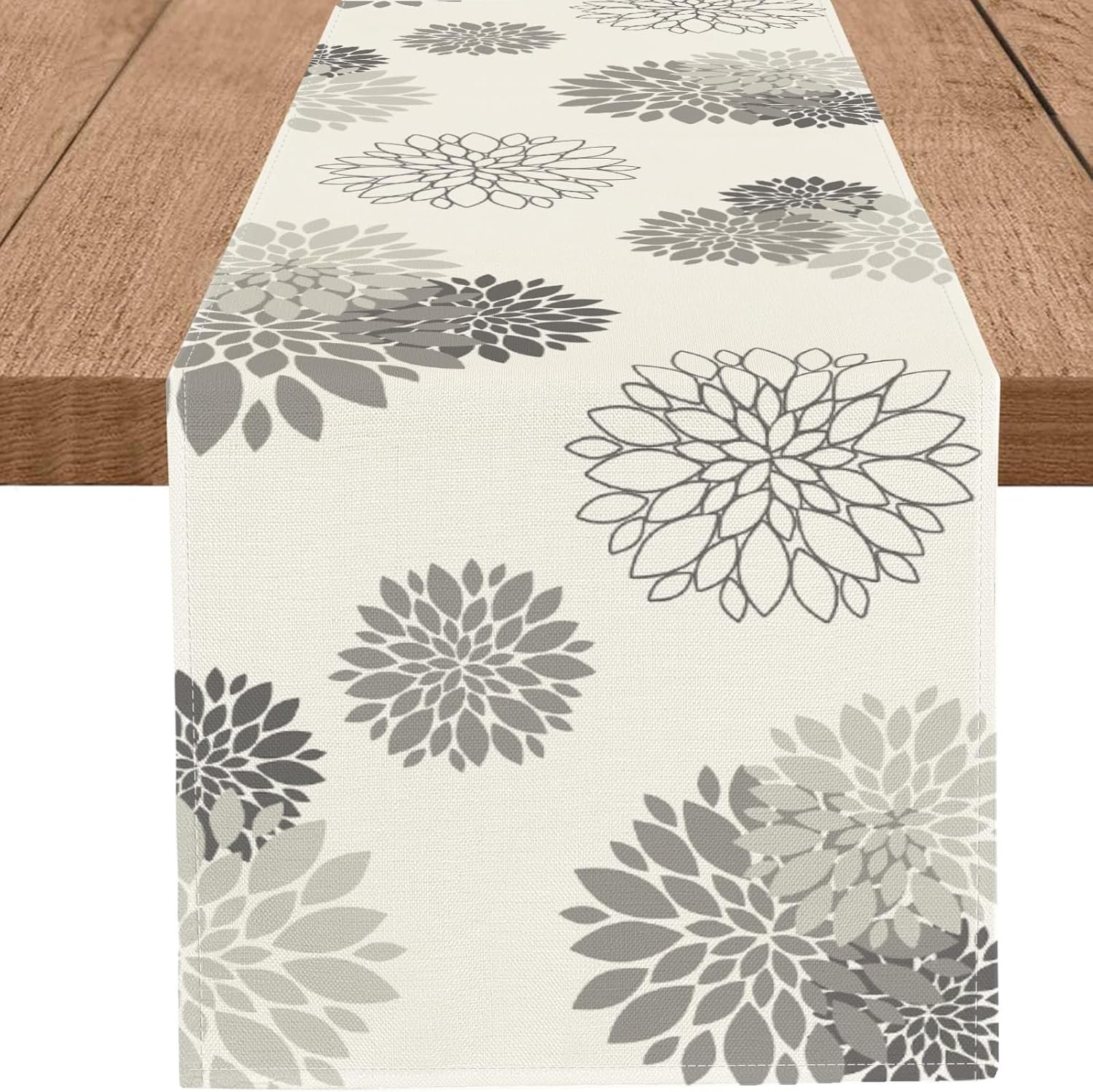 Gray Dahlia Table Runner Modern Elegant Flower Beige Table Runners Geometric Pompon Farmhouse Coffee Table Center Decor for Home Kitchen Dining Party Indoor Outdoor (13×36 Inch)