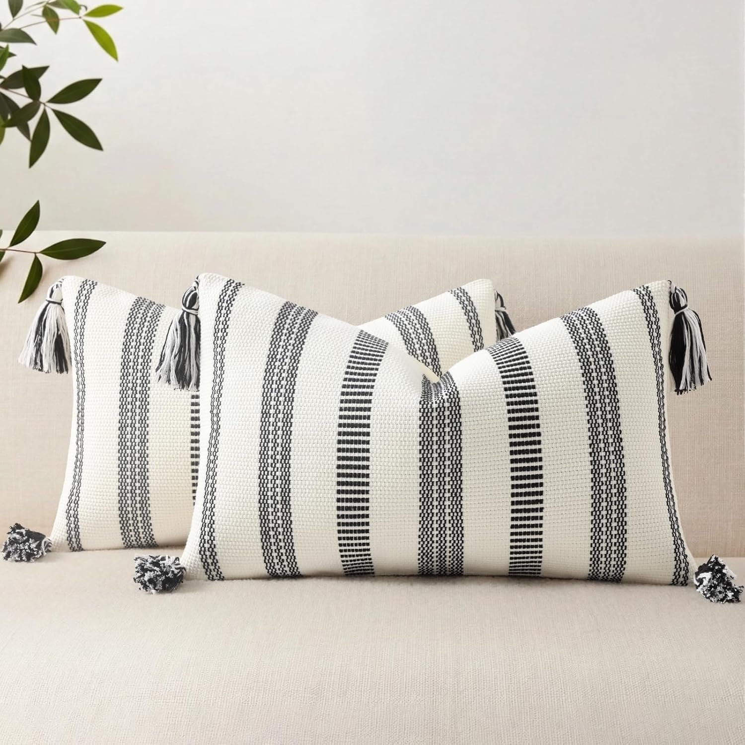Smile Bee Boho Outdoor Couch Throw Pillow Covers Set of 2, Decorative Lumbar Thick Woven Striped Accent Neutral Pillow Covers with Tassels for Bed Sofa Home Decor, 12×20 Inch, Black and Cream White