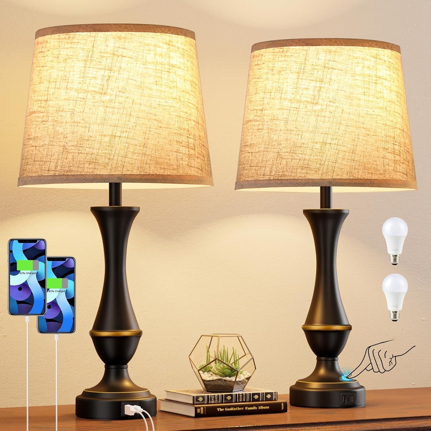 Seealle Upgraded Touch Lamps for Night Stands Set of 2 – Bedside Lamps with USB C+A, 3 Way Dimmable for Bedroom Living Room End Tables Office