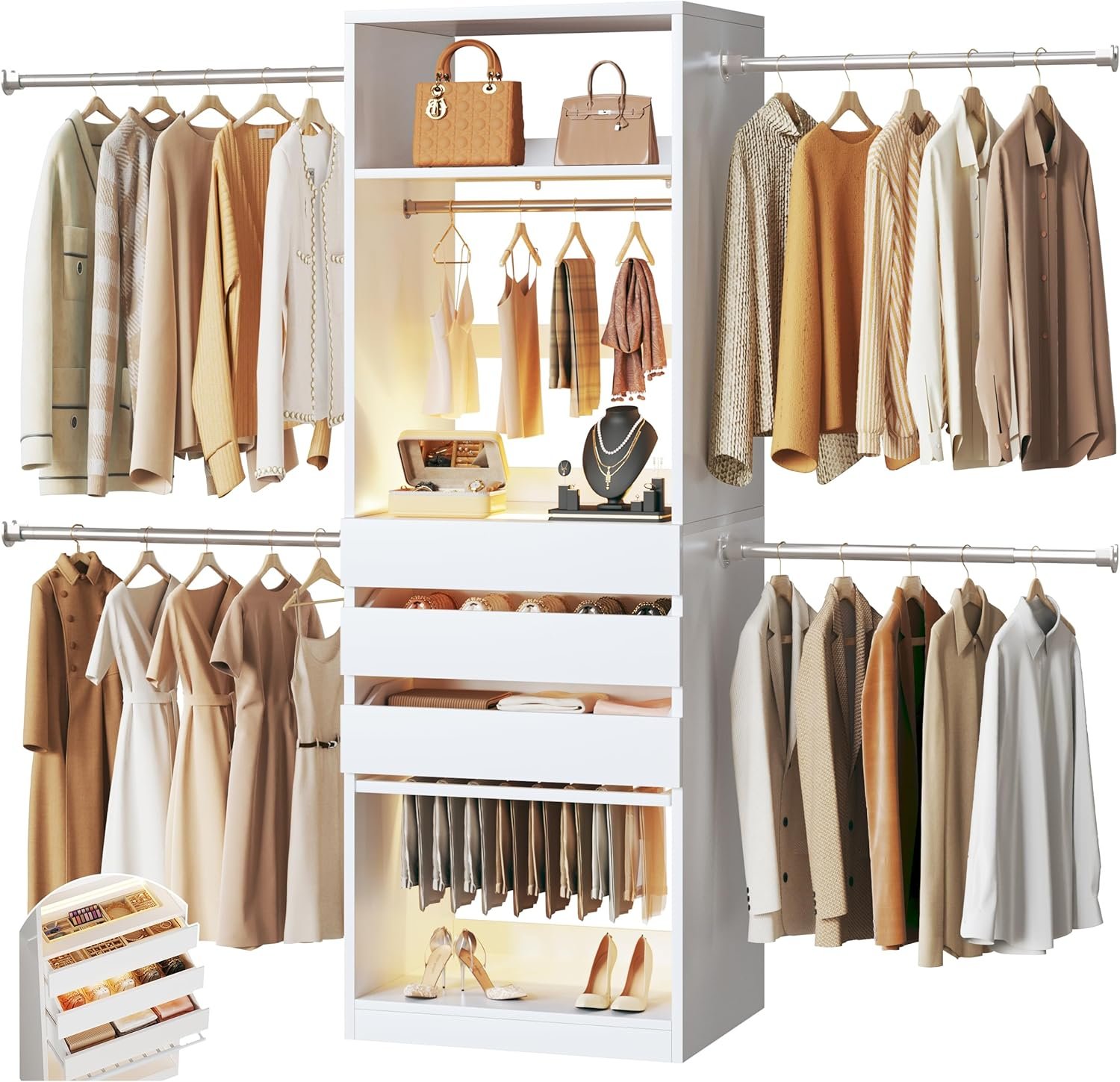 Closet System, 4-8FT Closet Organizer with 3 Wood Drawers & Glass Top, 102” Walk in Closet with 5 Hang Rods & LED Lights & Trouser Rack, Built-in Wardrobe Clothes Rack with Shelves and Tower, White