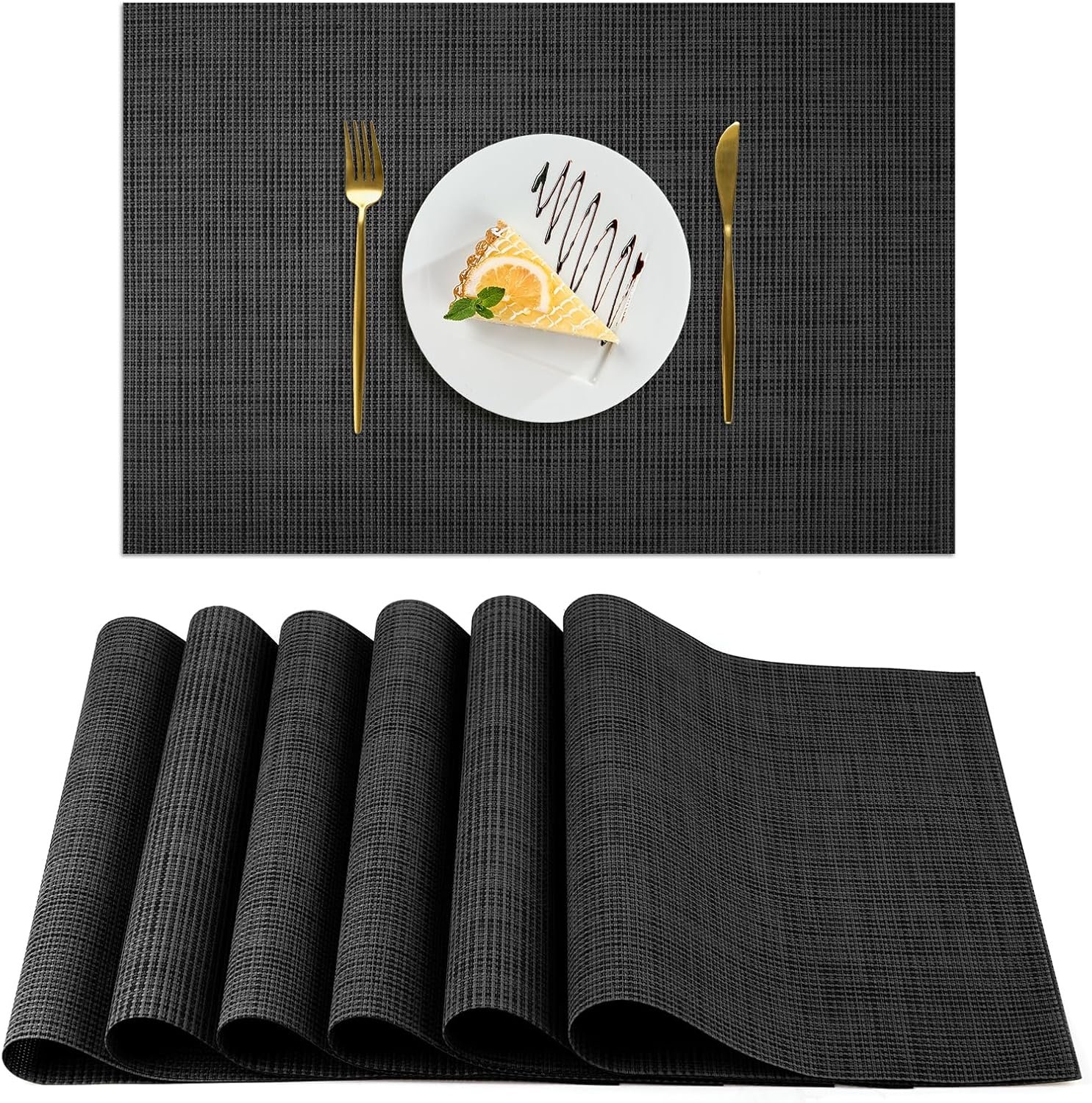 AUAUY Placemats Set of 6 Washable, Non-Slip Heat Resistant Table Mats, PVC Vinyl Woven Table Placemats Wipeable for Kitchen Dinning Restaurant, Farmhouse (Black, 6pcs)