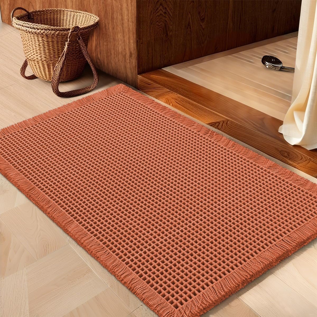 IM HOME Waffle Bath Mat Dirty Orange 24″x17″,Boho Woven Modern Bath Mat Rugs, Absorbent Non Slip Bathroom Rugs, Soft Washable Bath Rugs with Tassels for Bedroom, Kitchen, Shower, Tub