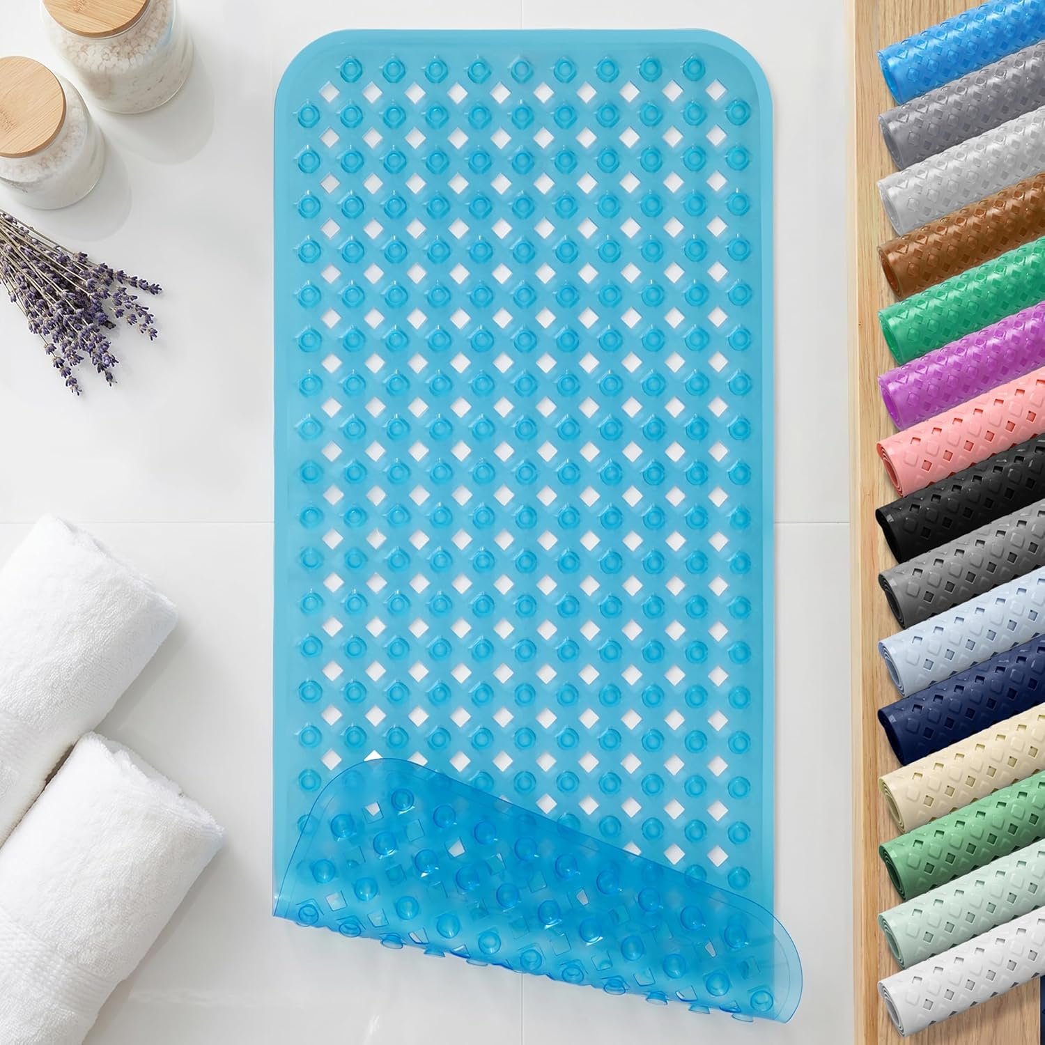 Yimobra Bathtub Mat Non Slip, 35″X16″ Shower Mat with Strong Suction Cups & Drain Holes, Long Anti Slip Bath Tub Mat for Inside Shower, Machine Washable Fast Drying, Bathroom Essentials, Clear Blue