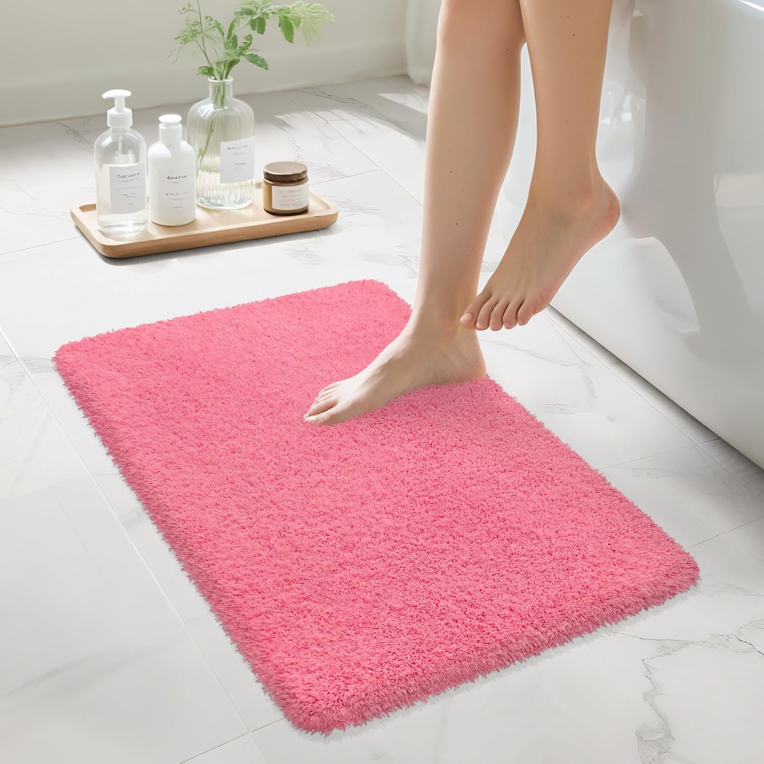 Bathroom Rugs Non Slip 24″x16″, Absorbent Bath Mats Quick Dry, Shaggy Microfiber Bath Rugs, Extra Soft Plush, Machine Washable Bath Mats for Bathroom Floor, Tub and Shower, Pink