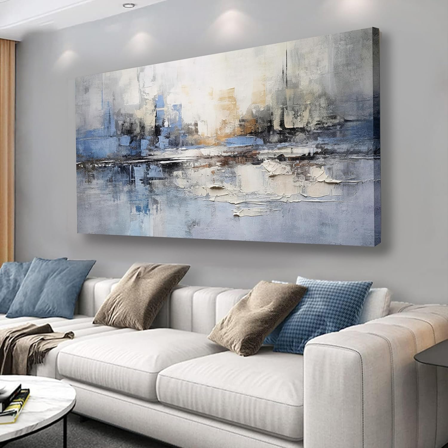 VHMING Abstract Wall Art Wall Decor Blue and Gray White Modern Canvas Wall Paintings Abstract Artwork for Living Room Bedroom Bathroom Office Home Decor Can Be Hung Directly 24″x 48″