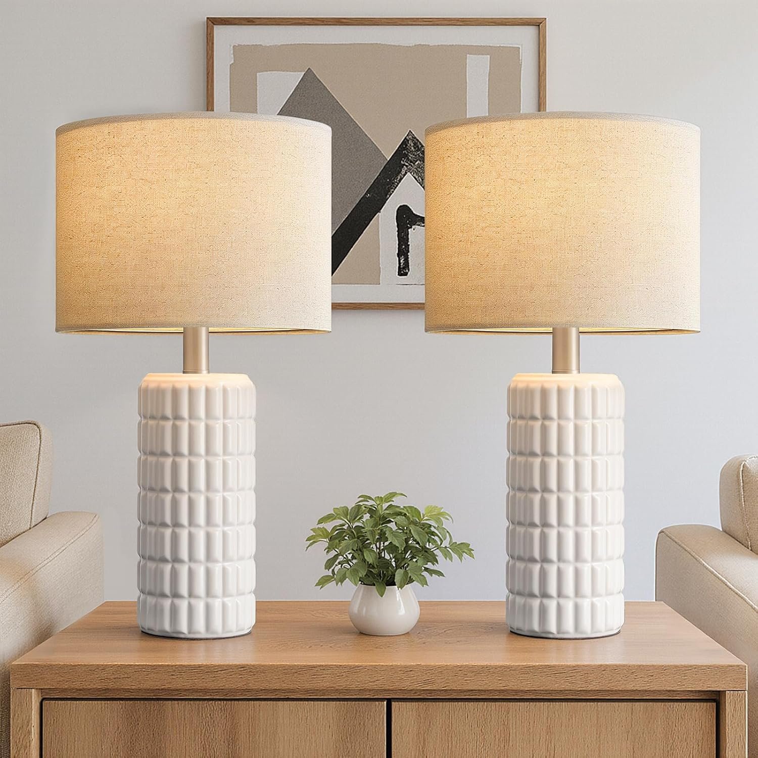 23″ Modern Ceramic Table Lamps Set of 2 – Table Lamps for Living room, Farmhouse Bedside Night Stands Lamp for Bedroom, White Boho Nightstand Lamps Set of 2, Desk Lamp for End Table Home Decor