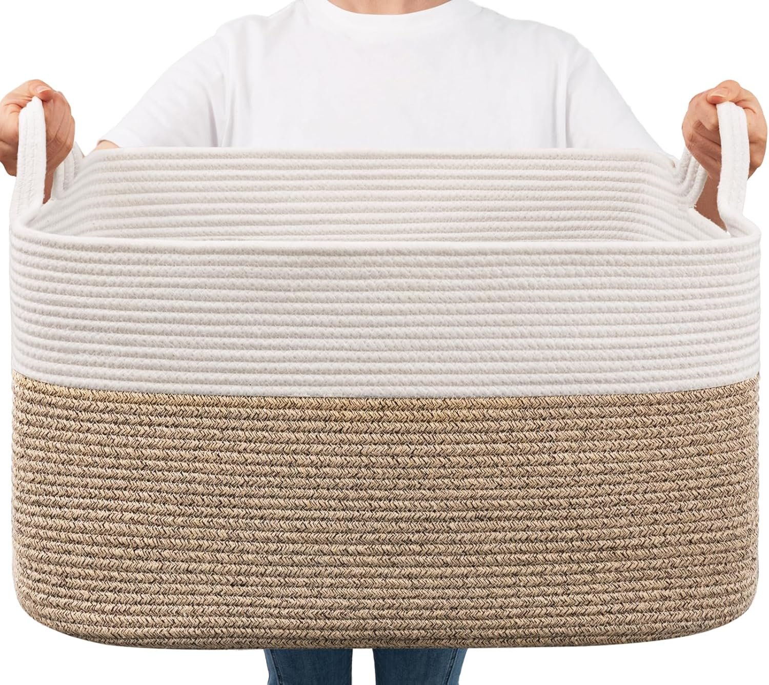 Goodpick Large Woven Blanket Basket, 21.6″ x 14.9″ x 11.8″ Storage Baskets for Organizing, Rectangle Cotton Rope Toy Basket for Living Room, Bedroom, White & Brown
