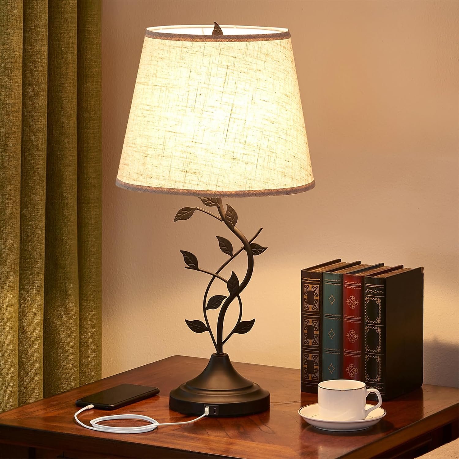 Kakanuo Table Lamp for Bedside, Lamp for Living Room with USB-A and USB-C Charging Ports, Traditional Tall Bedroom Lamp for End Table