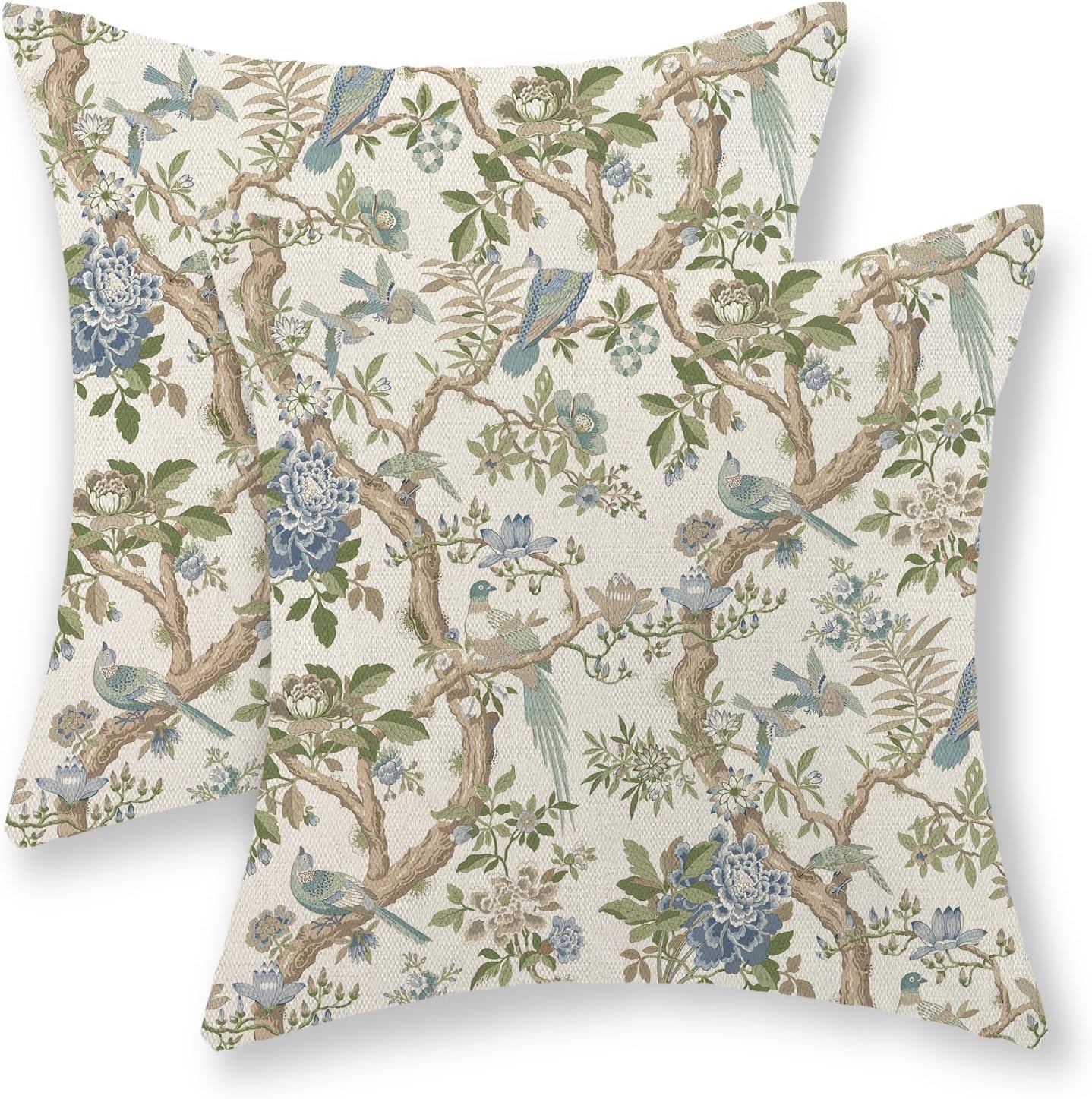 Chinoiserie Pillow Covers 18×18 Set of 2 Blue Green Bird Floral Throw Pillows Vintage Blue Flowers Decorations Outdoor Pillowcase Chinoiserie Decor Farmhouse Linen Cushion Case for Couch Home