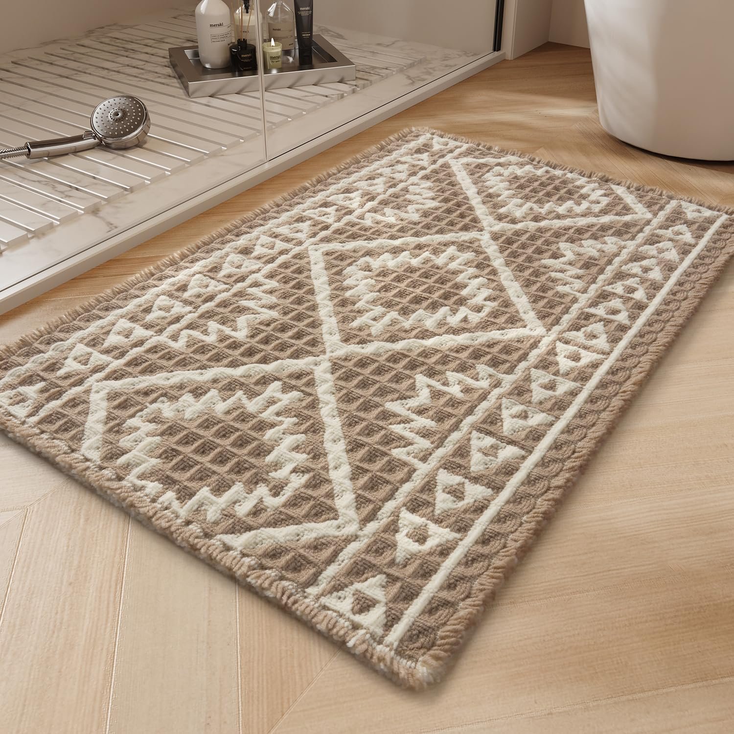PADOOR-Waffle Bath Mat-Super Absorbent Bath Mats for Bathroom, Machine Washable Non Slip Bathroom Rug with Tassels, Soft Bathroom Mat for Laundry Room, Bedroom, Brown & Cream, 17″x28″