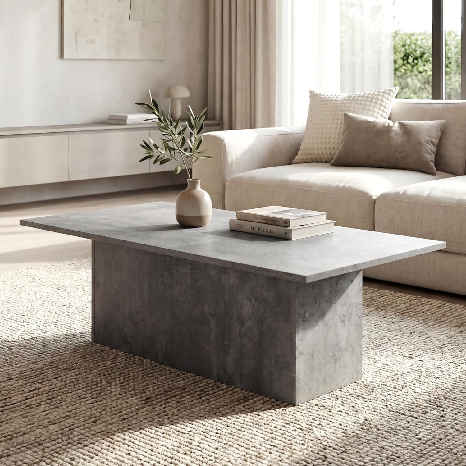 HNY Modern Rectangular Coffee Table Grey Large Center Table 47″ Wooden Tea Table Concrete Texture Finish for Living Room, Reception Room, Home Office,Industrial Minimalist
