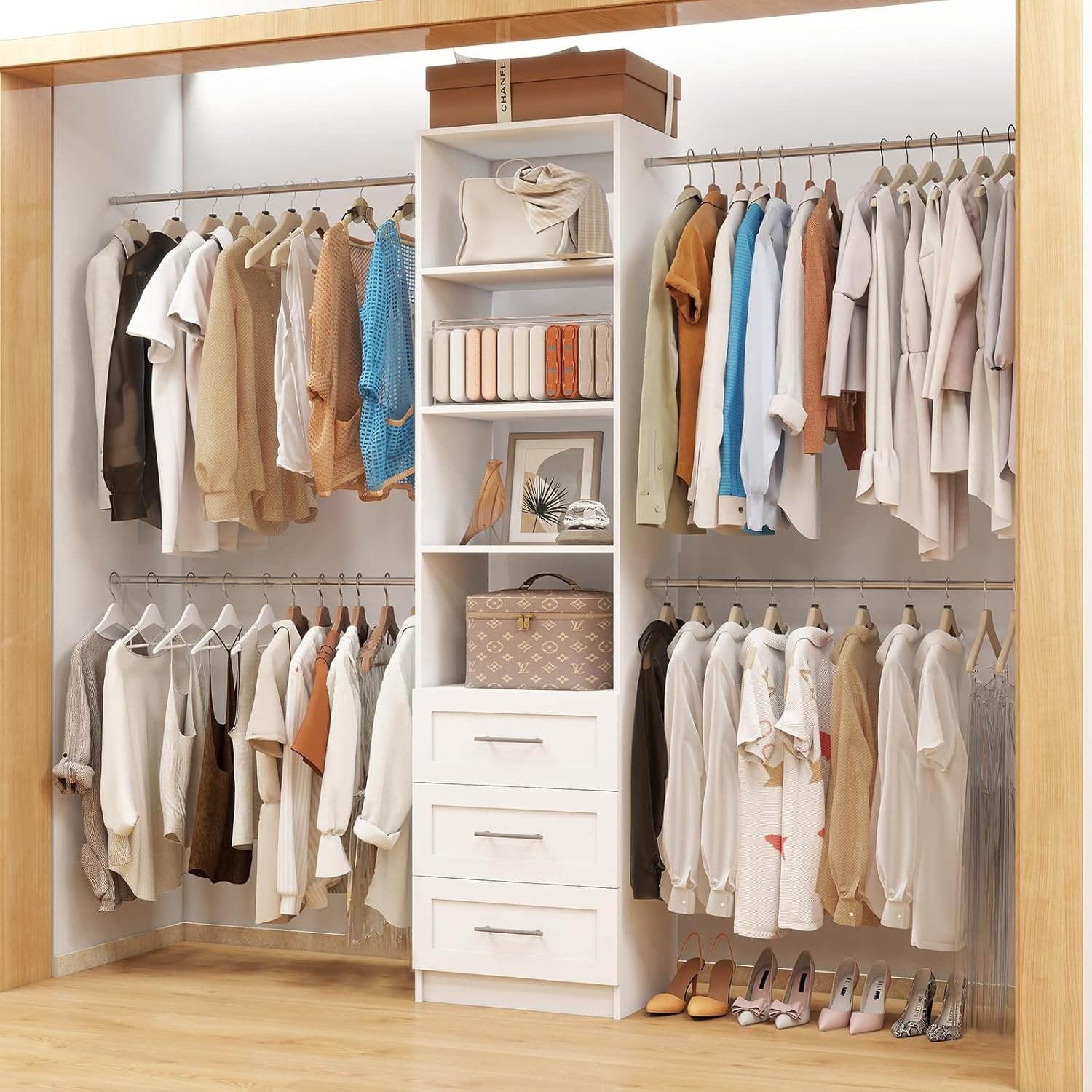 Closet System with Drawers, 5FT-9FT Custom Closet Organizer System 114.9″ Walk in Wood Closet Storage System with 4 Expandable Hanging Rods Wall Mount White