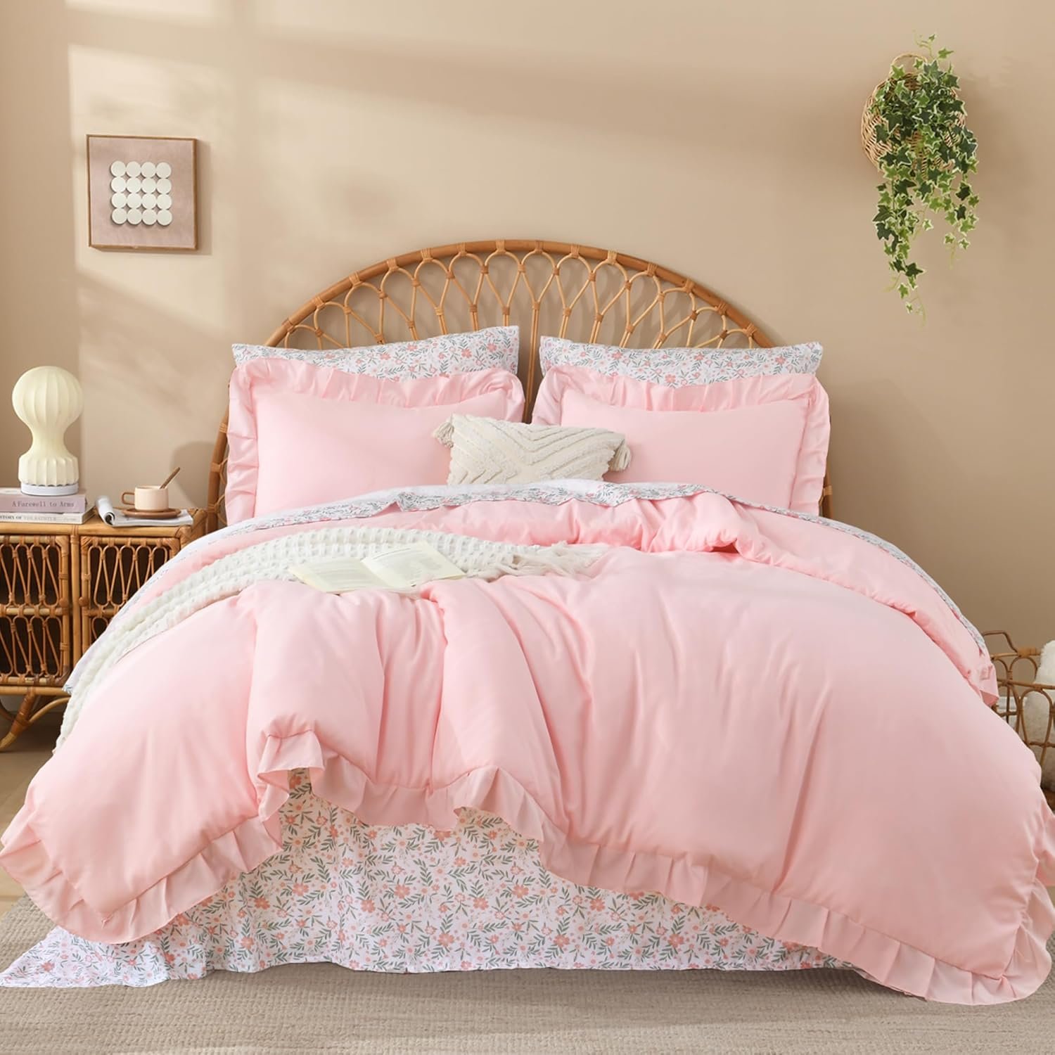 Litanika Queen Size Comforter Sets – 7 Pieces Ruffle Pink Bed in a Bag, Soft Farmhouse Bedding Sets with Ruffled Comforter, Floral Sheets, Pillowcases & Shams