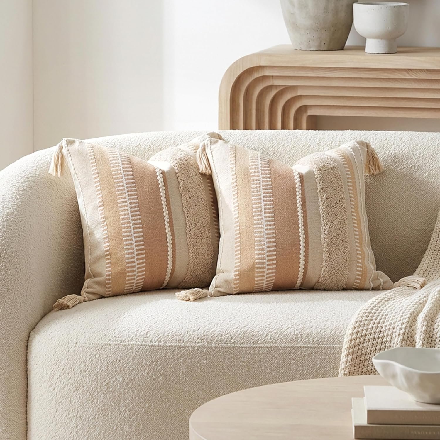 BlissBlush Decorative Throw Pillow Cover 20×20 Combo Set of 2 Square Cream Neutral White Boho Accent Pillowcase Tassels Farmhouse Cushion for Couch Sofa Bedroom Living Room Home Décor Cover ONLY
