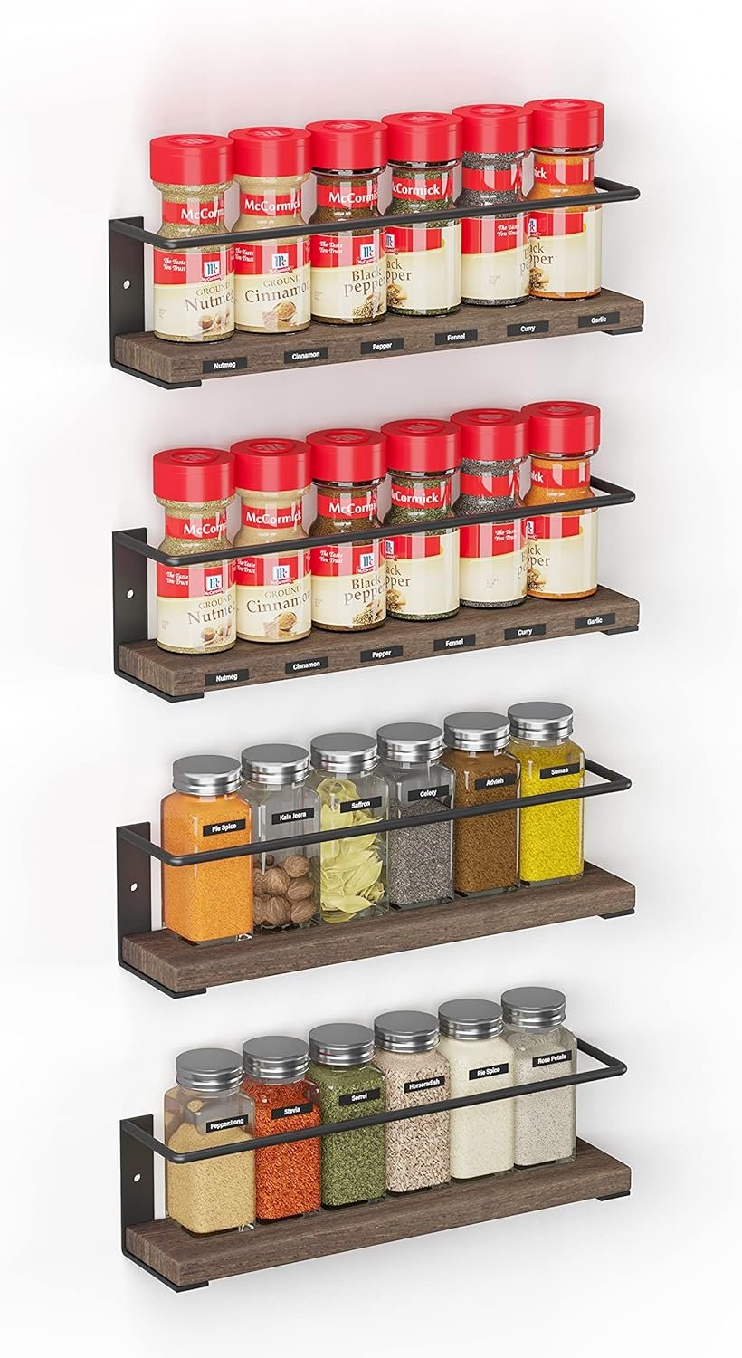 SpaceAid Spice Rack Organizer for Cabinet Door or Wall Mount (4 Pack) with 415 Spice Labels – Wood Hanging Seasoning Shelf for Cupboard Pantry or over the Stove