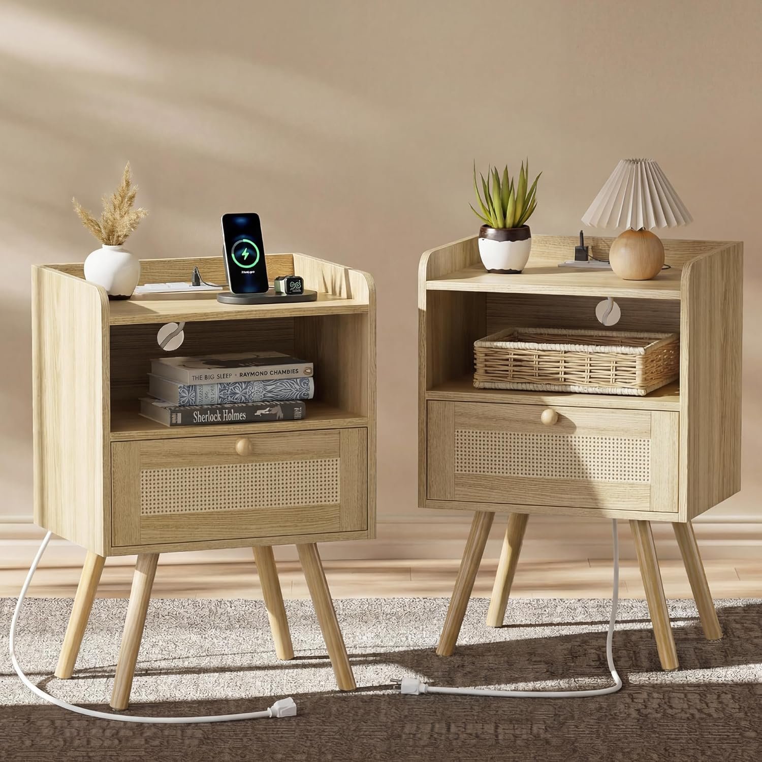 SUPERJARE Nightstands Set of 2, Night Stands with Charging Station & PE Rattan Decor Drawer, Bed Side Tables with Solid Wood Feet, End Table, for Bedroom, Living Room – Natural