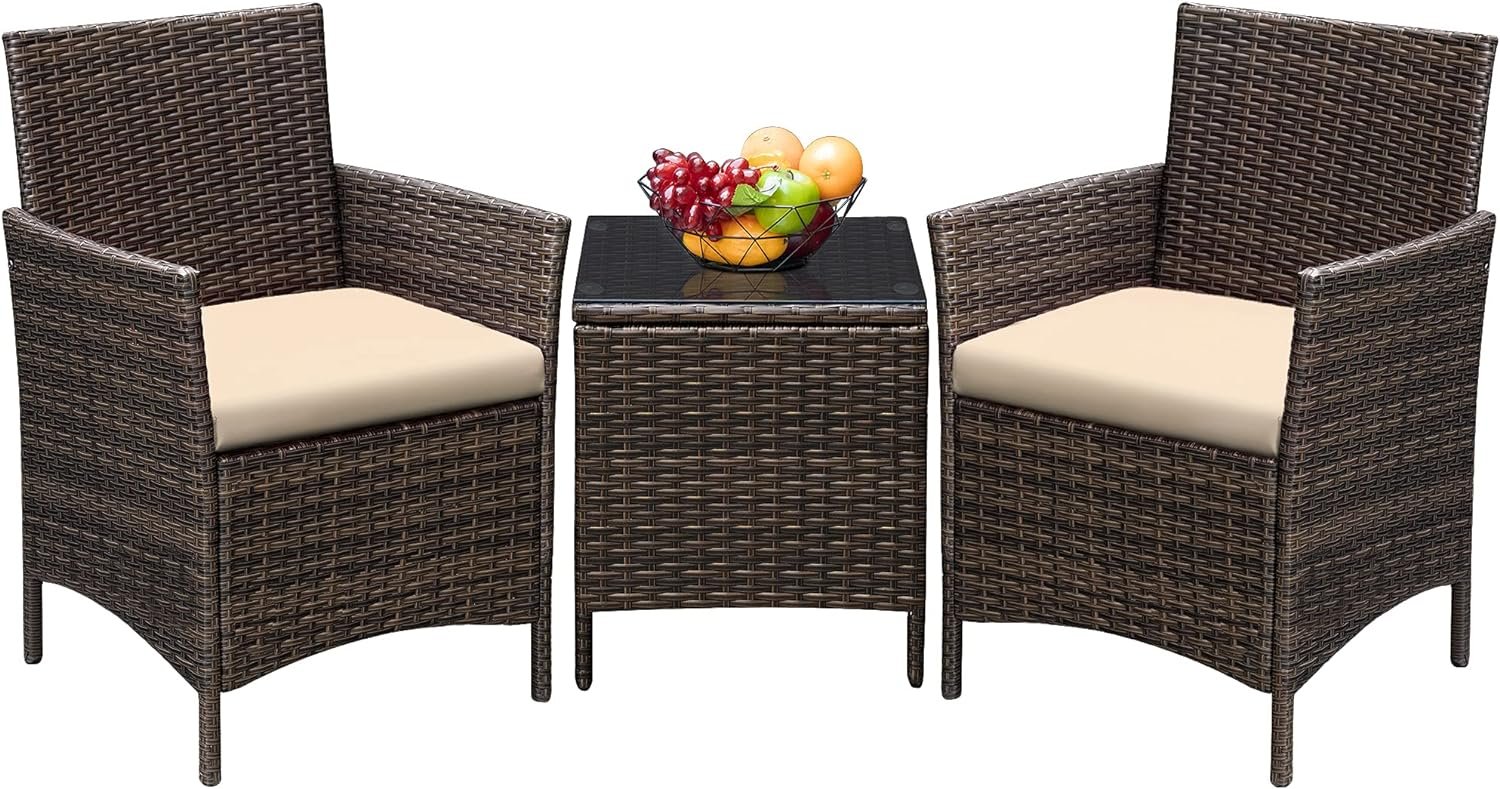 Greesum 3 Pieces Patio Furniture Sets Outdoor PE Rattan Wicker Chairs with Soft Cushion and Glass Coffee Table for Garden Backyard Porch Poolside, Brown and Beige