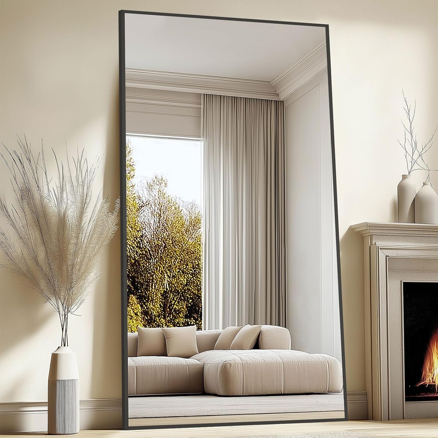 82″X44″ Oversized Floor Mirror Full Length, Extra Large Standing Mirror for Gym Bedroom Living Room Clothing Store, Tempered Glass Black Full Length Body Mirror, Hanging or Wall Mounted