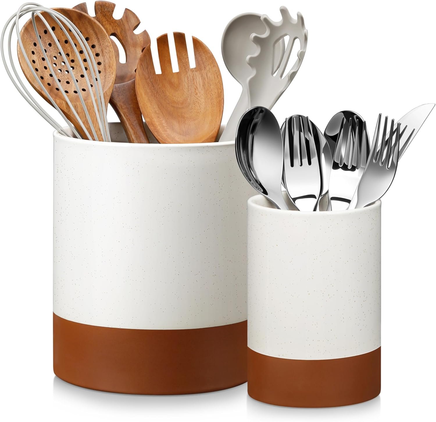 MALACASA Utensil Holder, 7.3″+5.5″ Ceramic Kitchen Utensil Holder for Countertop, Large Cooking Utensil Crocks for Kitchen Counter, Farmhouse Utensils Organizer, Set of 2, Khaki White, Series TARA