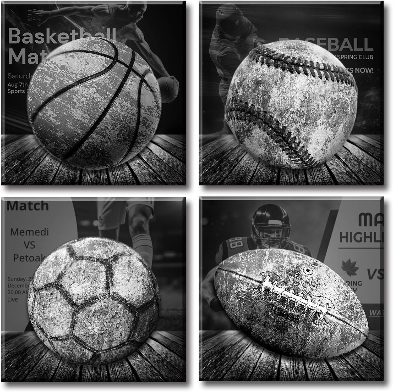 BLINFEIRU Sports Wall Decor for Boys, Black and White Sports Wall Art, Vintage Soccer Football Baseball Basketball Pictures Artwork, Modern Canvas Prints Home Men Bedroom Decoration 12″x12″x4