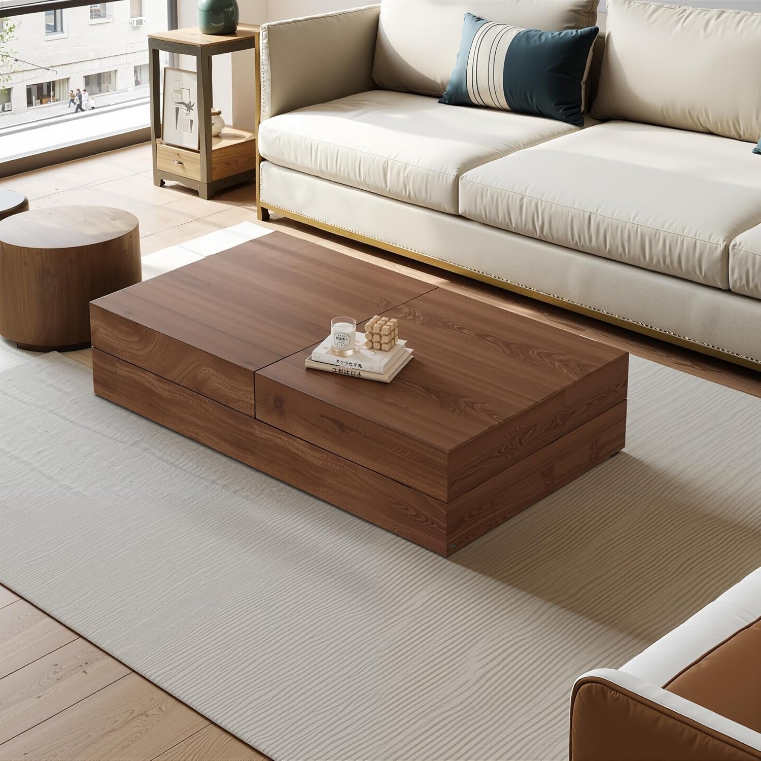 Mid-Century Modern Farmhouse 47.2-81.8″ Expandable Coffee Table，Adjustable Center Table with Large Storage for Living Room, Walnut