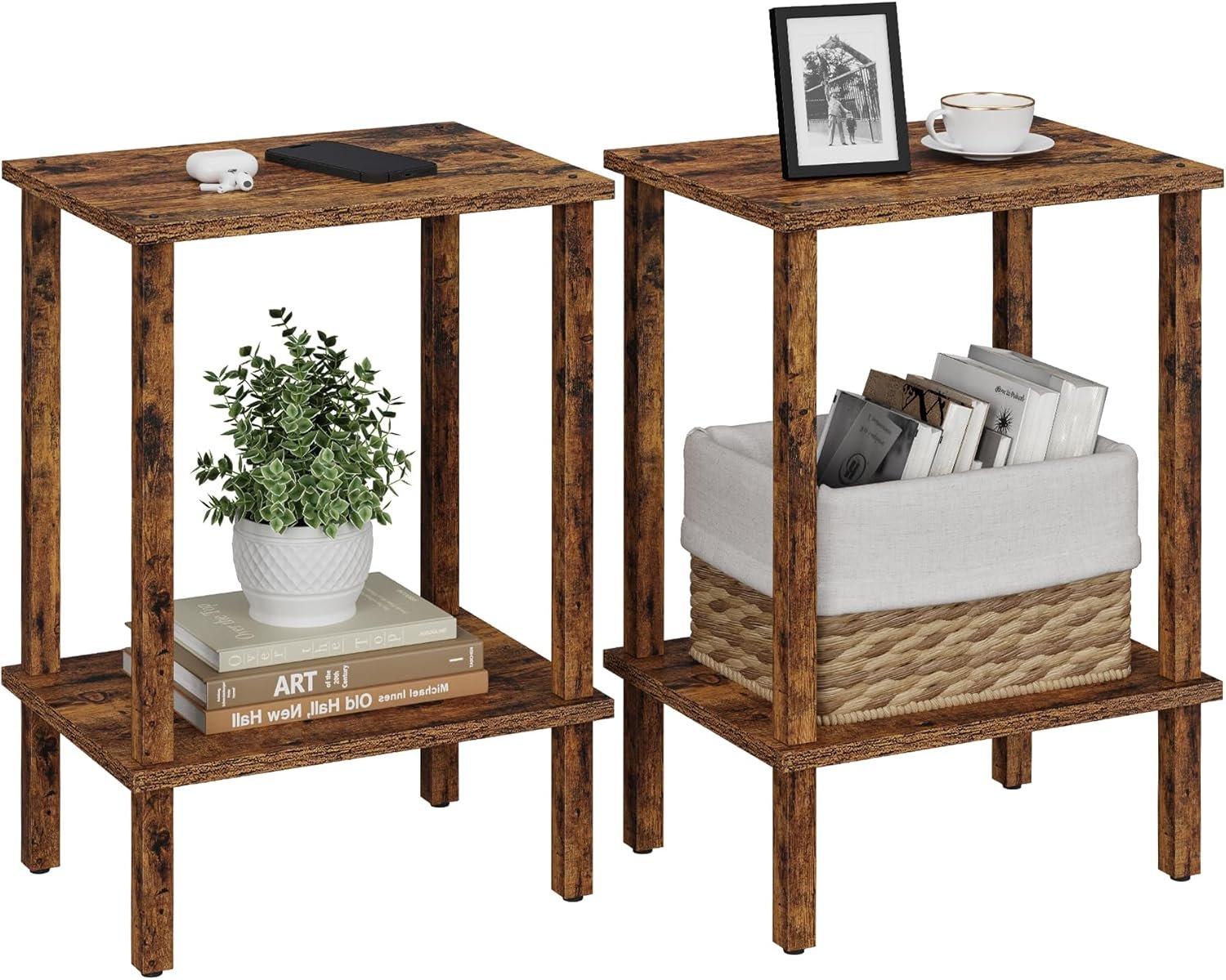TUTOTAK End Table, Set of 2, Side Table, Nightstand, 2-Tier Storage Shelf, Sofa Table for Small Space, Living Room, Bedroom, Brown TB01BB035C