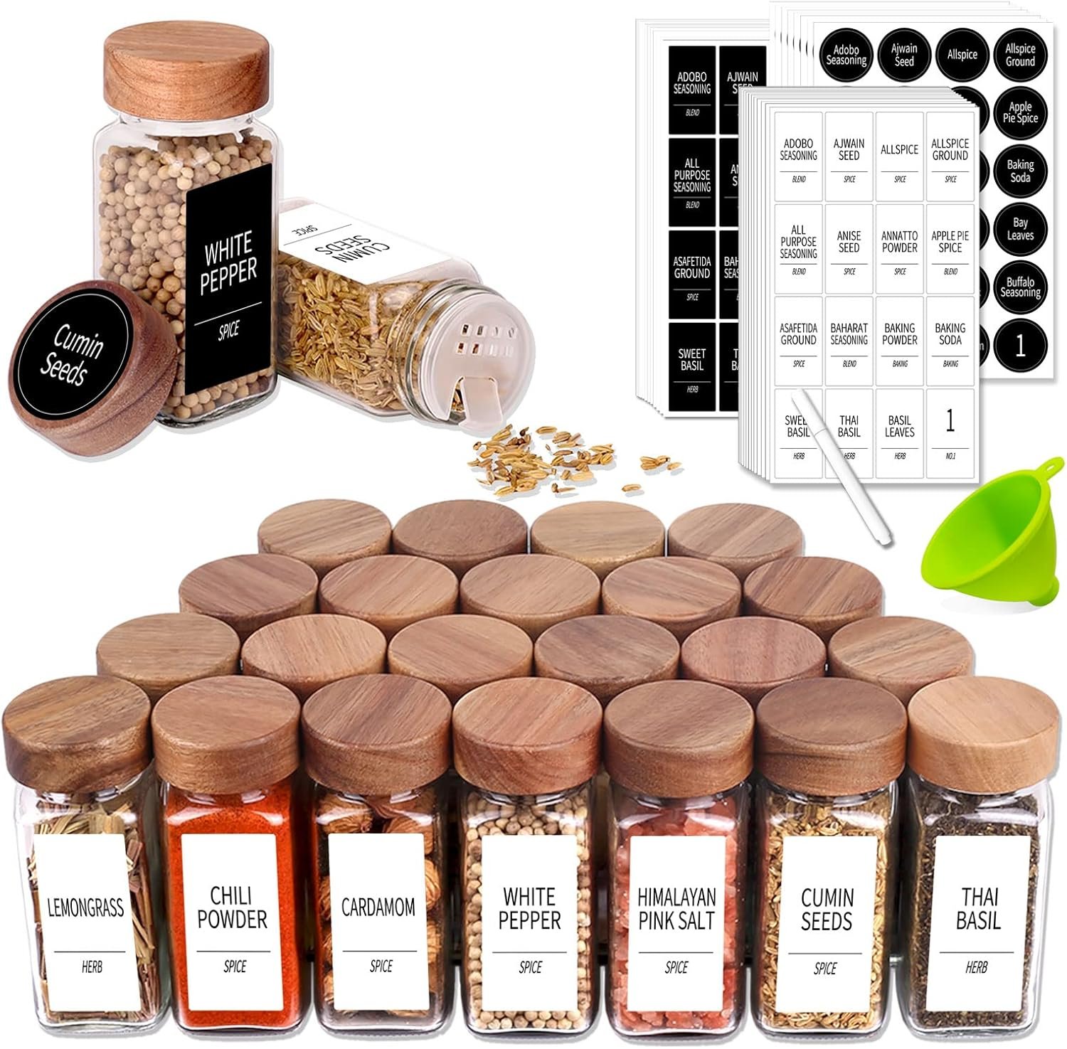 Churboro 24 Spice Jars with 547 Labels – Glass Spice Jars with Shaker Lids – 4 Oz Square Spice Containers with Acacia Wood Lids, Chalk Pen, Funnel- Seasoning Jars for Spice Rack, Cabinet, or Drawer