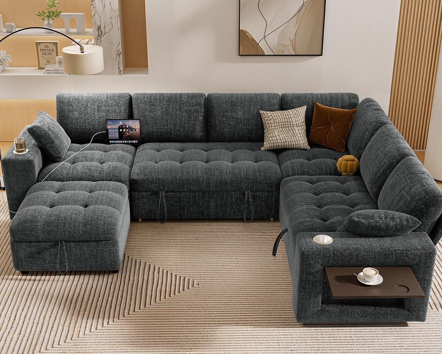 Vipbear 111″ Modular Sectional Sleeper Sofa with Pull Out Bed, 7 Seat Chenille L Shaped Couch with Storage Ottoman|USB Ports|Cup Holders|Side Table|LED Light, Tool Free Assembly, Grey