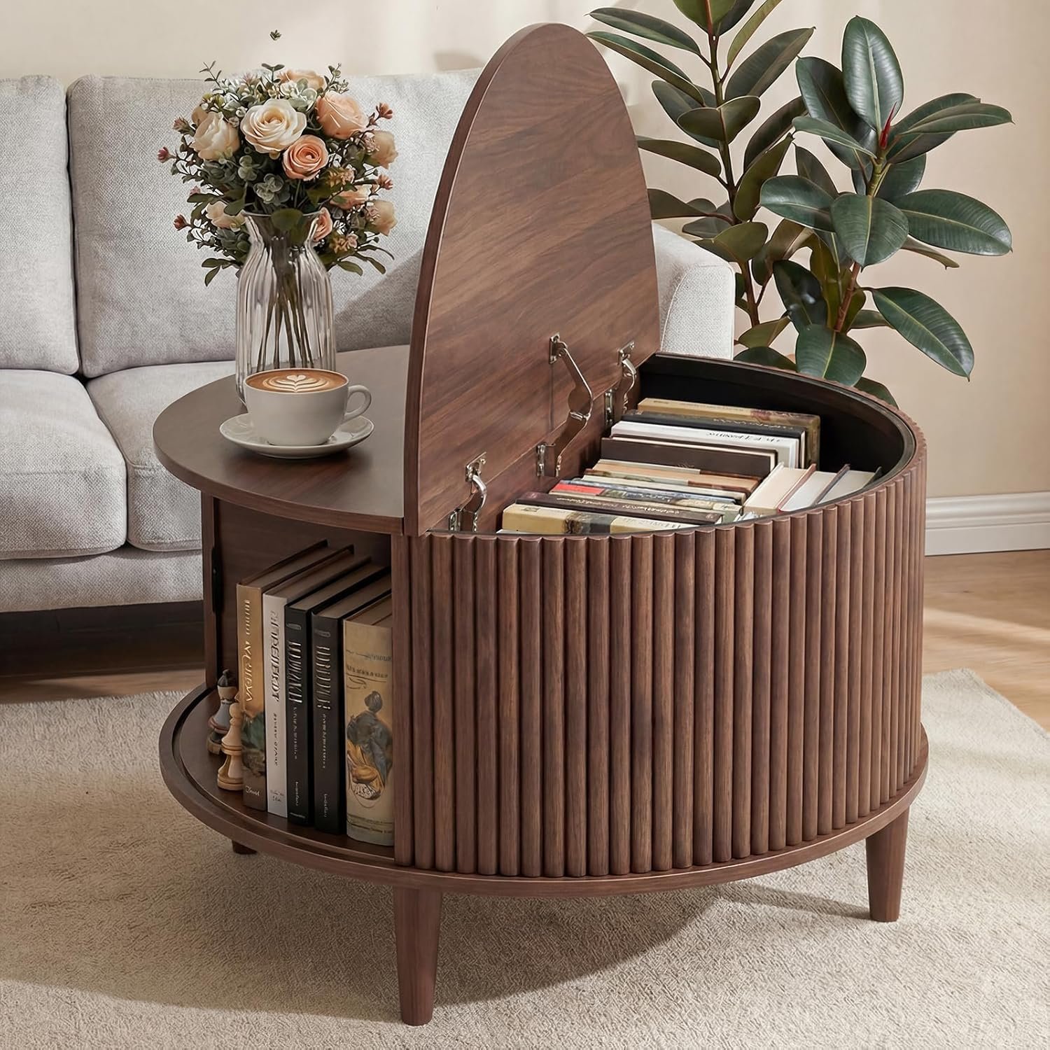 DUMOS Coffee Table, Round Coffee Tables with Storage, Fluted Center Table for Living Room, 31.69″ Mid Century Modern Table with Sliding Cabinet Door, 2-Tier Rustic Wood Desktop, Brown