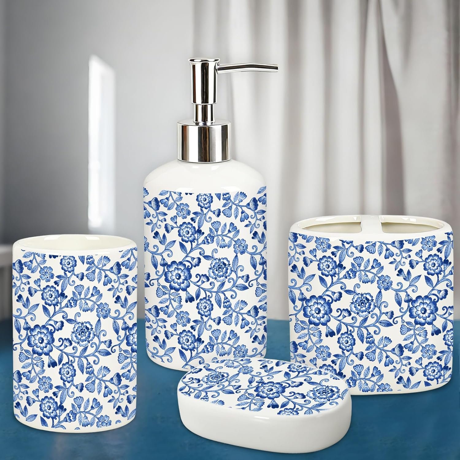 JarThenaAMCS 4Pcs Blue Floral Bathroom Accessories Vintage Chinoiserie Flower Ceramic Liquid Dispenser Toothbrush Holder Tumbler Soap Dish for Home Party Favors Supplies