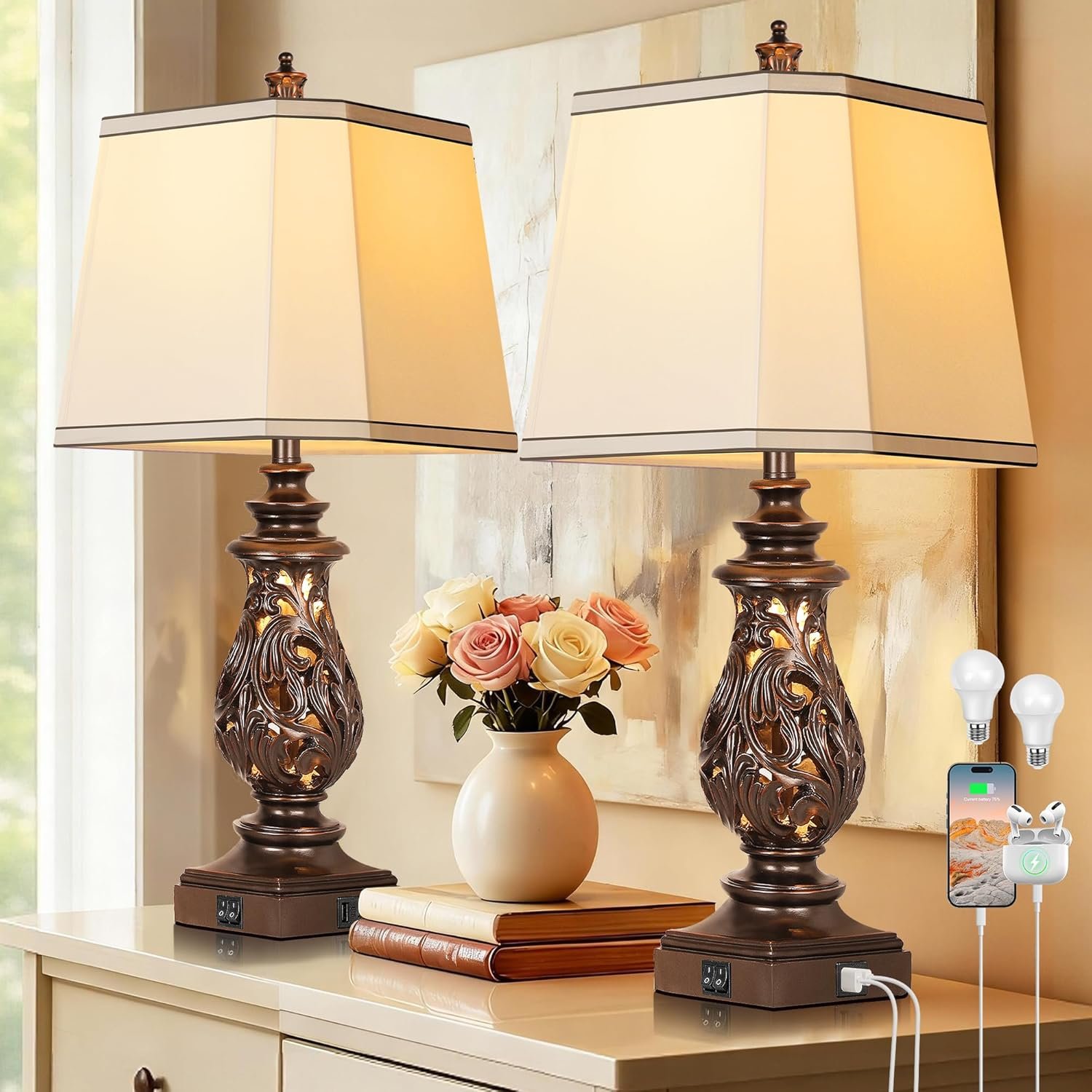 PARTPHONER 29″ Table Lamps Set of 2, Bedside Lamps with USB A+C Ports & Night Light, Farmhouse Nightstand Lamps with Faux Silk Shades for Bedroom Living Room, Vintage Brown (LED Bulbs Included)