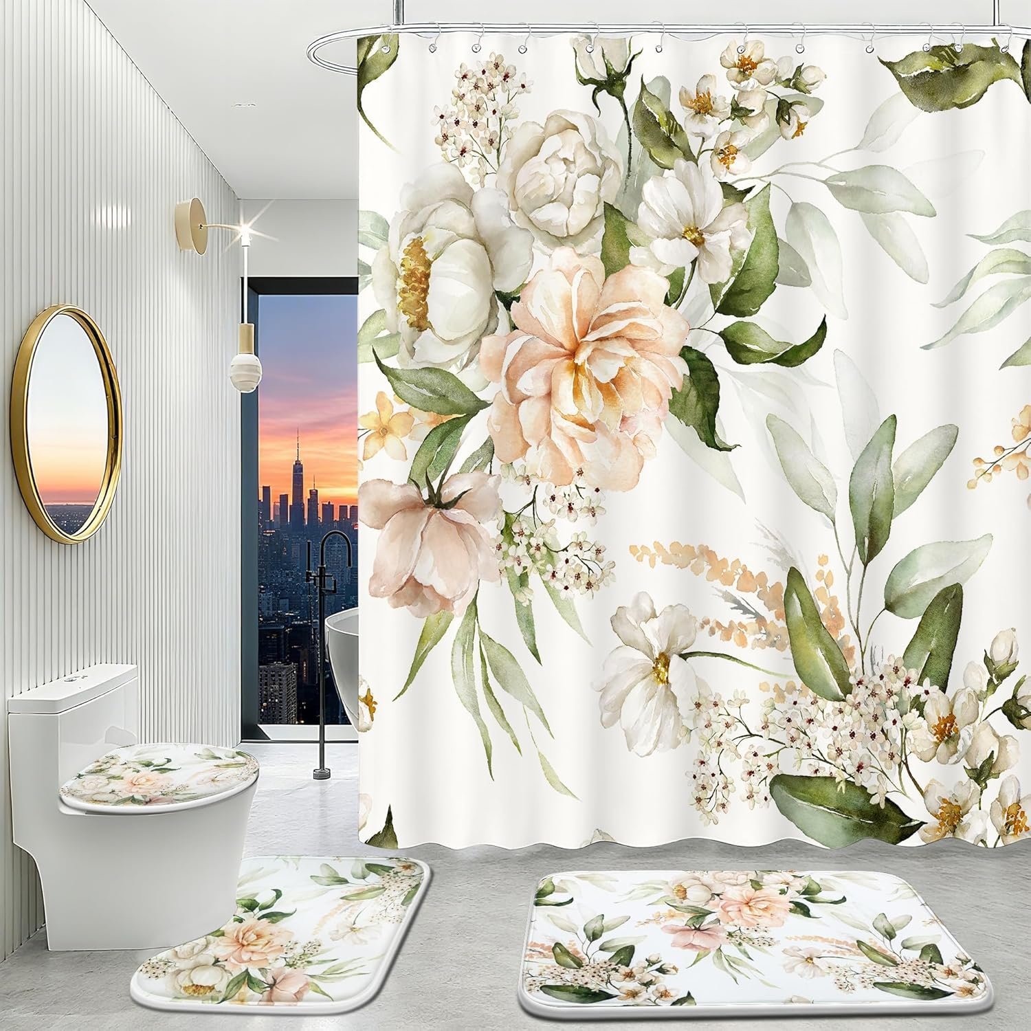16 pcs premium Floral bathroom set with high absorbent rugs and heavyweight shower curtains ,Flower Non-Slip bath rugs and shower curtain ,thick 120gsm bathroom curtain set with 12pcs metal hooks