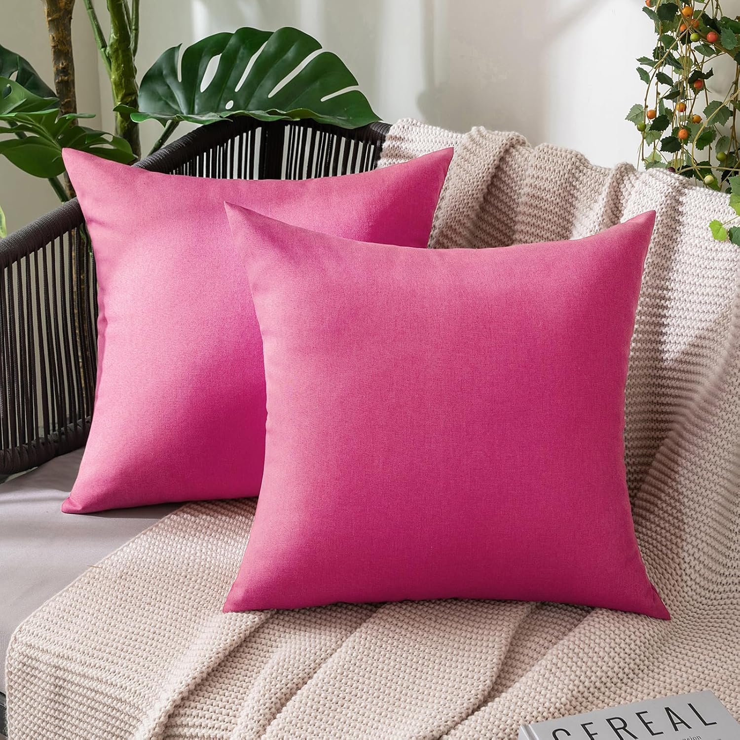 MIULEE Pack of 2 Decorative Outdoor Solid Waterproof Throw Pillow Covers Faux Linen Garden Farmhouse Cushion Cases for Patio Tent Balcony Couch Sofa 18×18 Inch Hot Pink