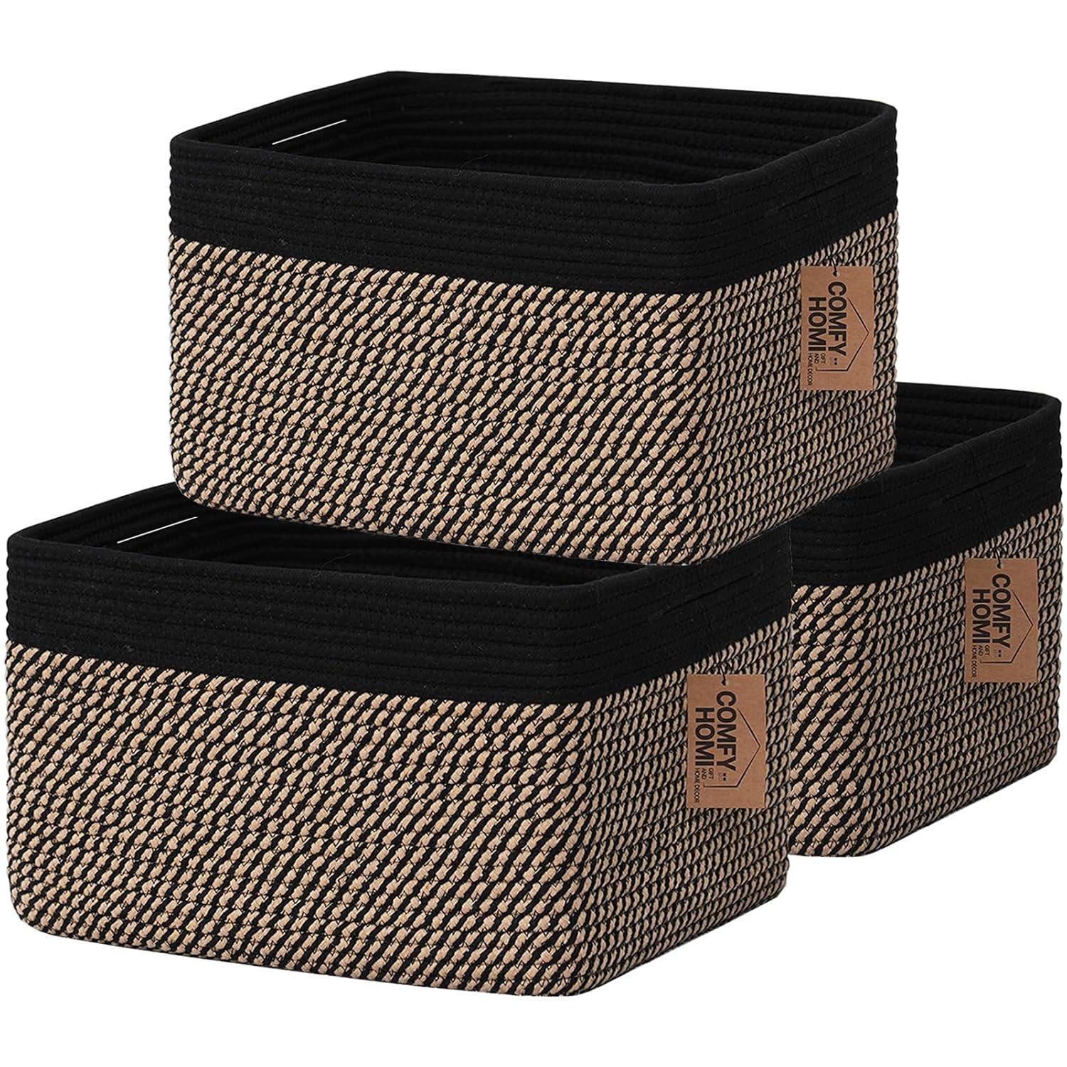 COMFY-HOMI 3PACK Cotton Rope Square Basket with Handles for Shelves|Dog Toy Bin and Storage|Baby Gift|Shoe Organizer|New 13.5″ x 11″ x 9.5″ for Living Room (Black/Jute)