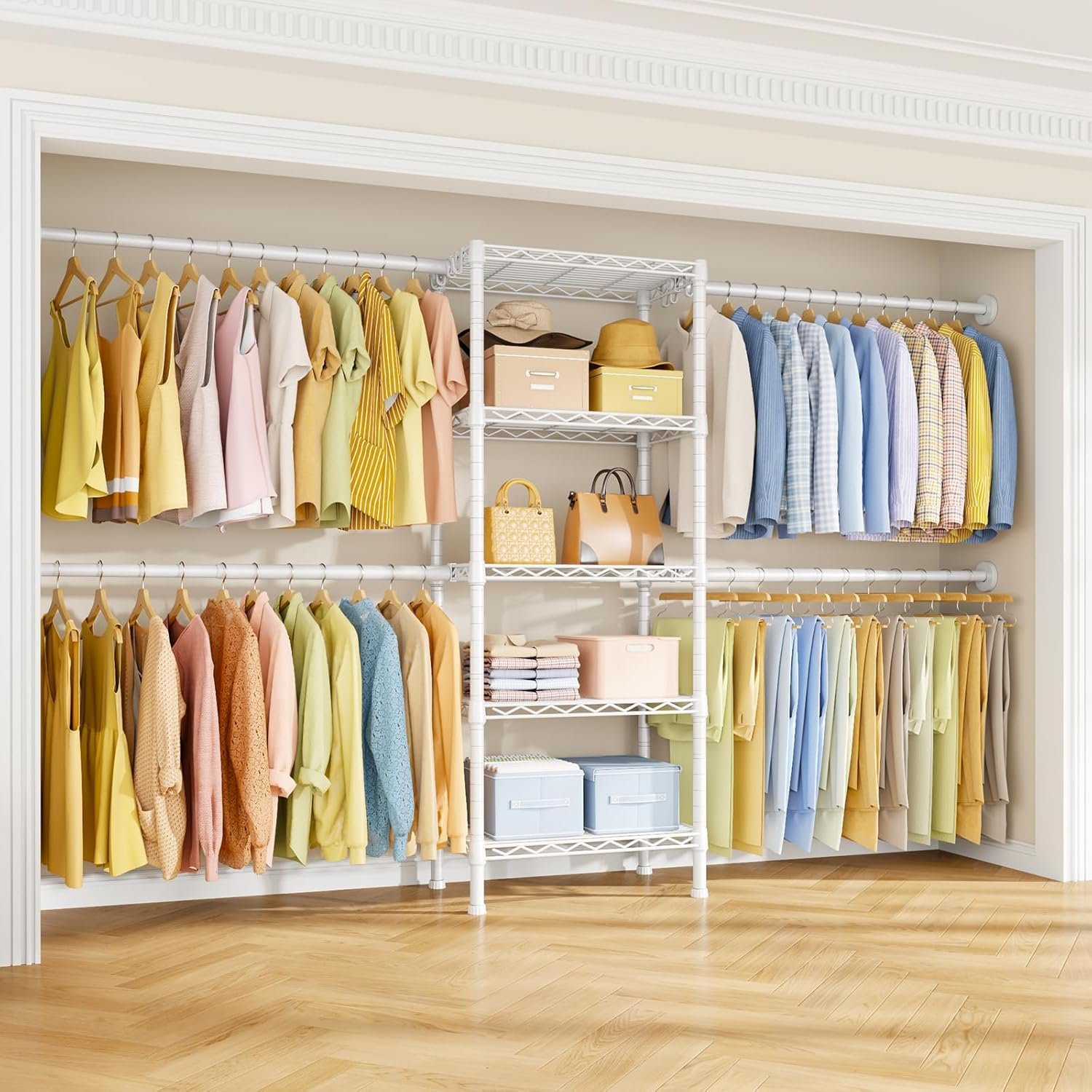 Ulif M2 Wall Mounted Closet System, Clothes Rack Mounted onto the Wall with 4 Expandable Hanger Rods and 5 Metal Shelves, Clothing Organizer Storage in (70.8-102.3)” L x 14.5″ D x 71.2″ H, White