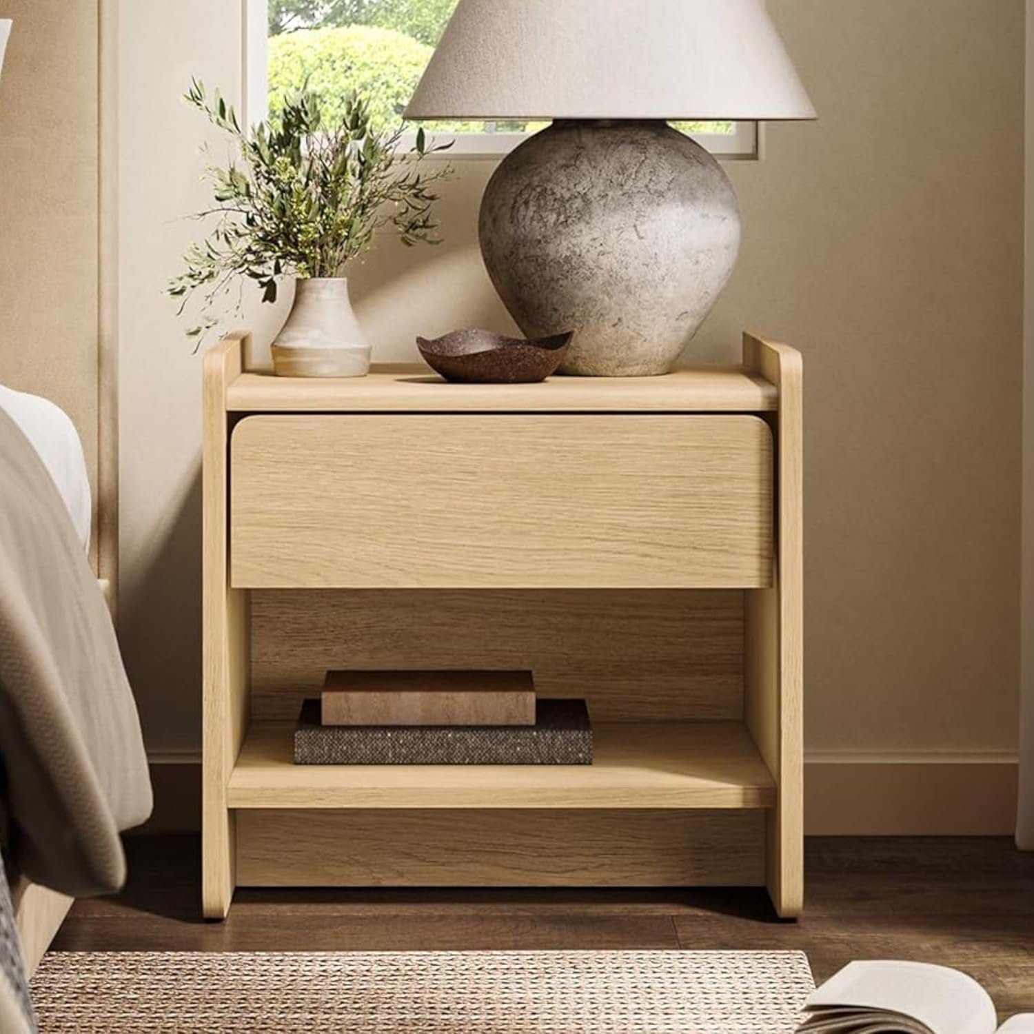 LuxenHome Mid-Century Modern Nightstand with Drawer and Open Shelf, 19” Wood Accent End Table and Night Stand with Rounded Corners, Small Bedside Table with Storage for Bedroom，Living Room