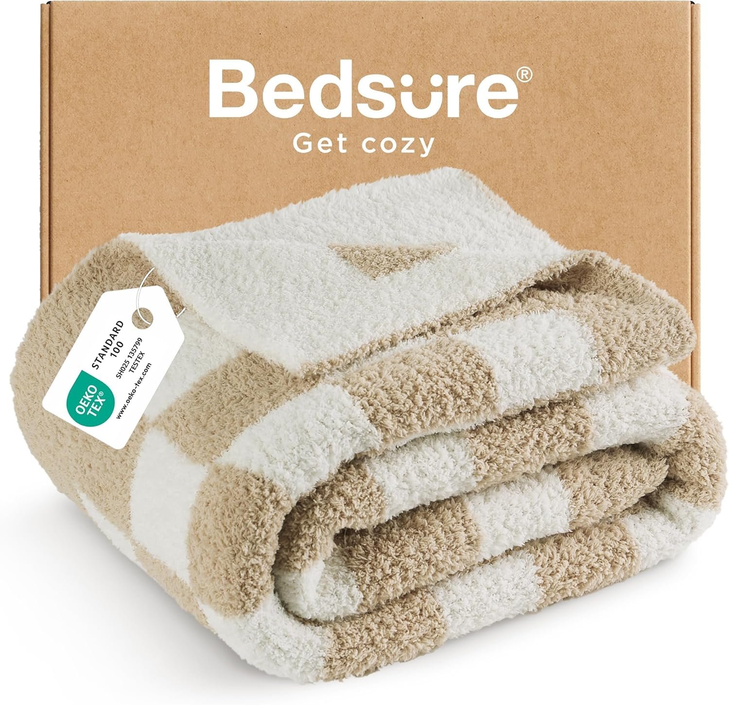 Bedsure GentleSoft Cozy Soft Throw Blanket for Couch, Beige Checkered Fluffy Blanket, Lightweight Warm Knit All Season Throw Blankets for Bed Sofa, Birthday, for Women, 50×60 Inches