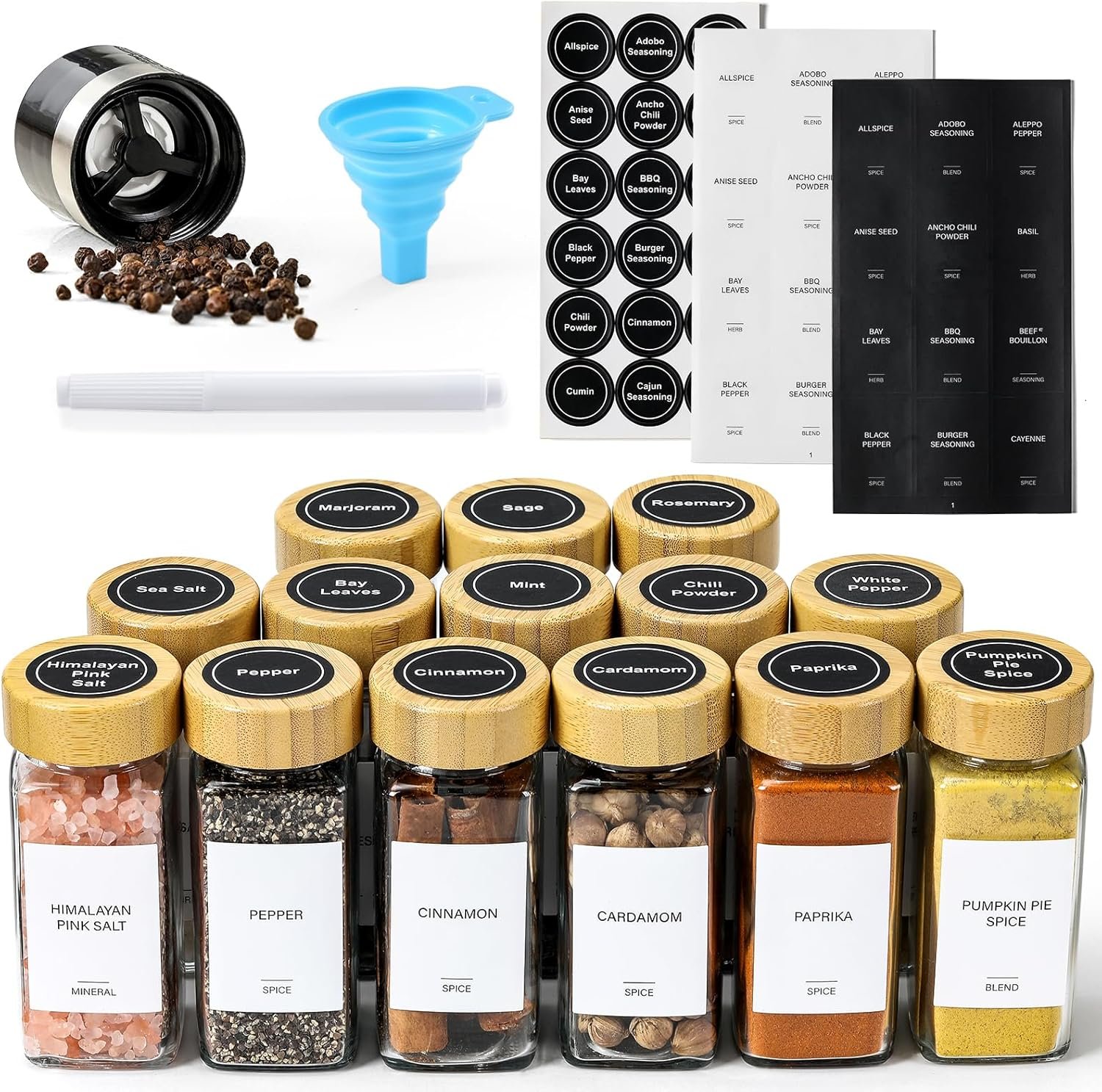 AOZITA 14 Pcs Spice Jars with Bamboo Lids – 4oz Square Spice Bottles with Spice Labels, Shaker Lids, Funnel