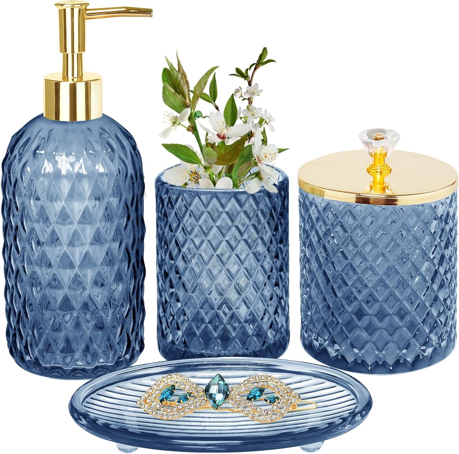 Blue Bathroom Accessories Set, 4Pcs Glass Bathroom Accessory Set Complete w/Lotion Soap Dispenser, Toothbrush Holder, Qtip Holder, Soap Dish, Blue Bathroom Decor Sets, Gift for Home Apartment