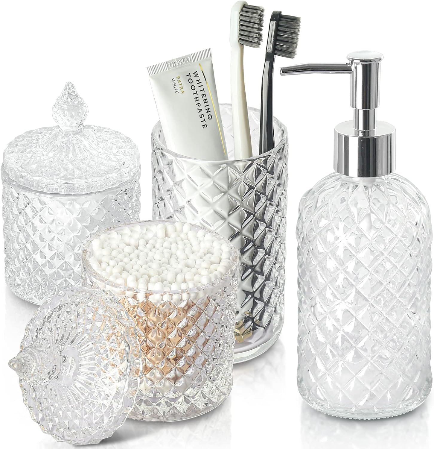 RYTOXILO Bathroom Accessories Set, 4 Pack Clear Glass Bath Accessory Sets Complete, Diamond Soap Dispenser and Toothbrush Holder Set for Bathroom Counter Organizer Essentials, Modern Bathroom Decor