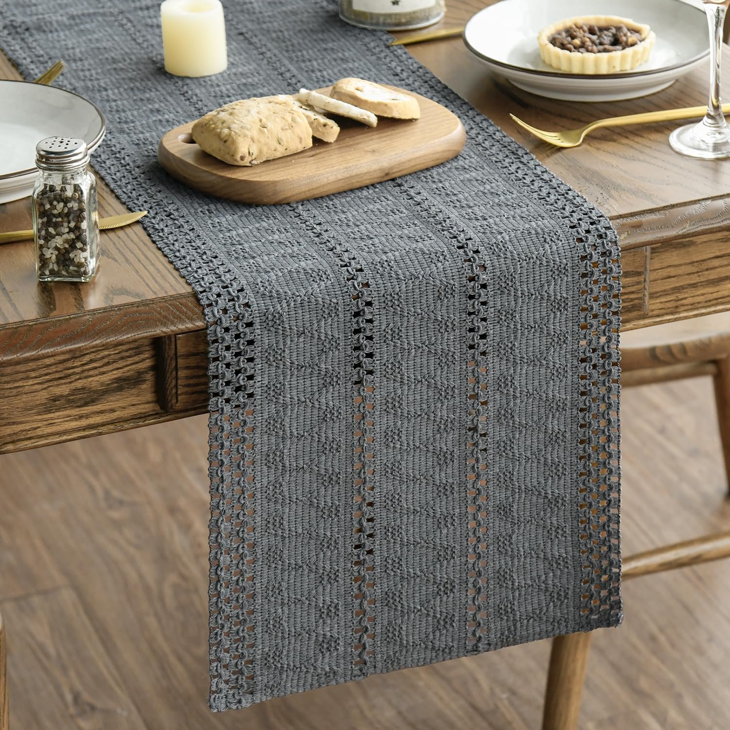 Artoid Mode Dark Grey Farmhouse Woven Rustic Hollow Table Runner, Seasonal Holiday Hollow Kitchen Dining Table Decoration for Home Party Decor 12×72 Inch
