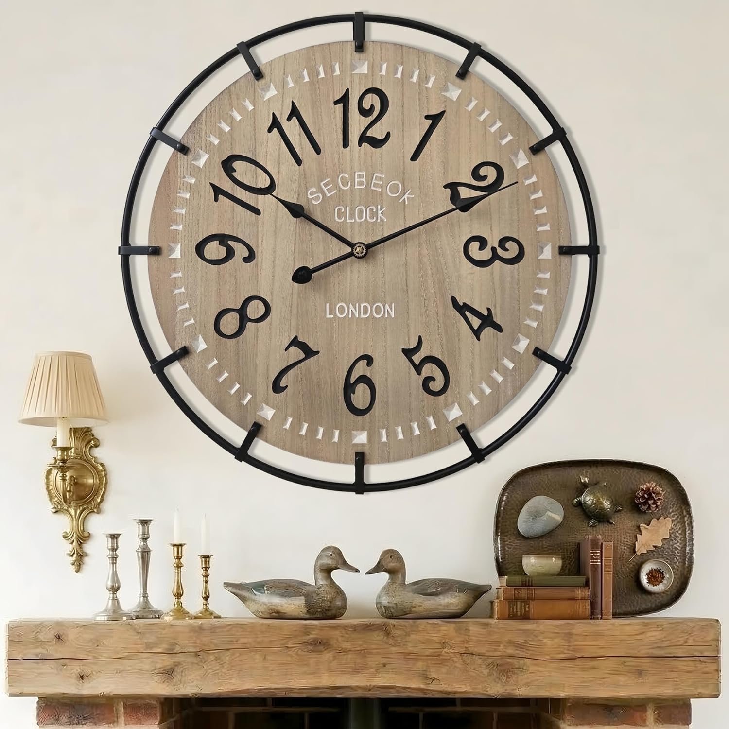 24 Inch Large Farmhouse Wall Clock, Metal Rustic Wood with Silent Quartz Movement, Easy Read Arabic Numerals, Battery Powered Round Decorative Wall Clock for Living Room Bedroom Kitchen Office