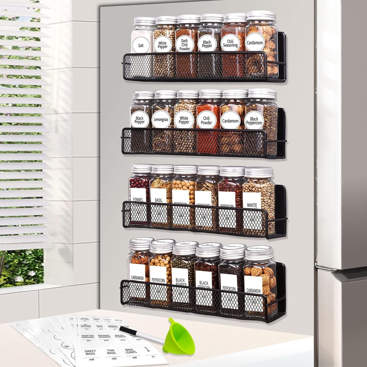 Churboro Magnetic Spice Rack for Refrigerator with Spice Jars- Includes 24 Pcs 4 OZ Seasoning Containers with Labels, 4 Space-Saving Magnetic Shelf for fridge- Perfect for Small Kitchens, Apartments