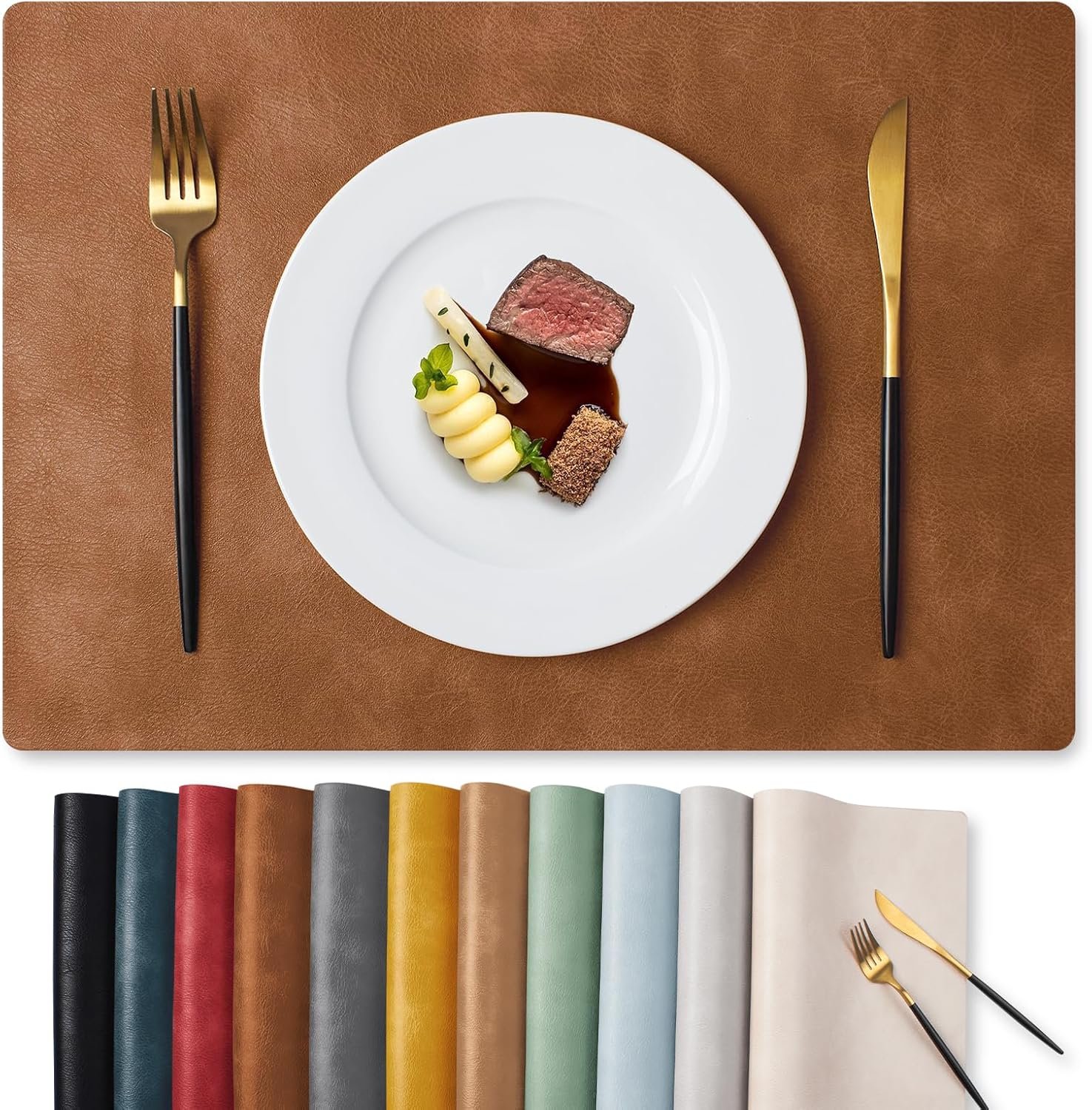 MOSAYT Vinyl Placemats Set of 6-12 X 17 Inch – Faux Leather 100% Waterproof Oil-Proof Wipeable PU Place Mats, Heat Resistant Reversible Table Mats for Kitchen, Dining, Outdoor (Reddish Brown)