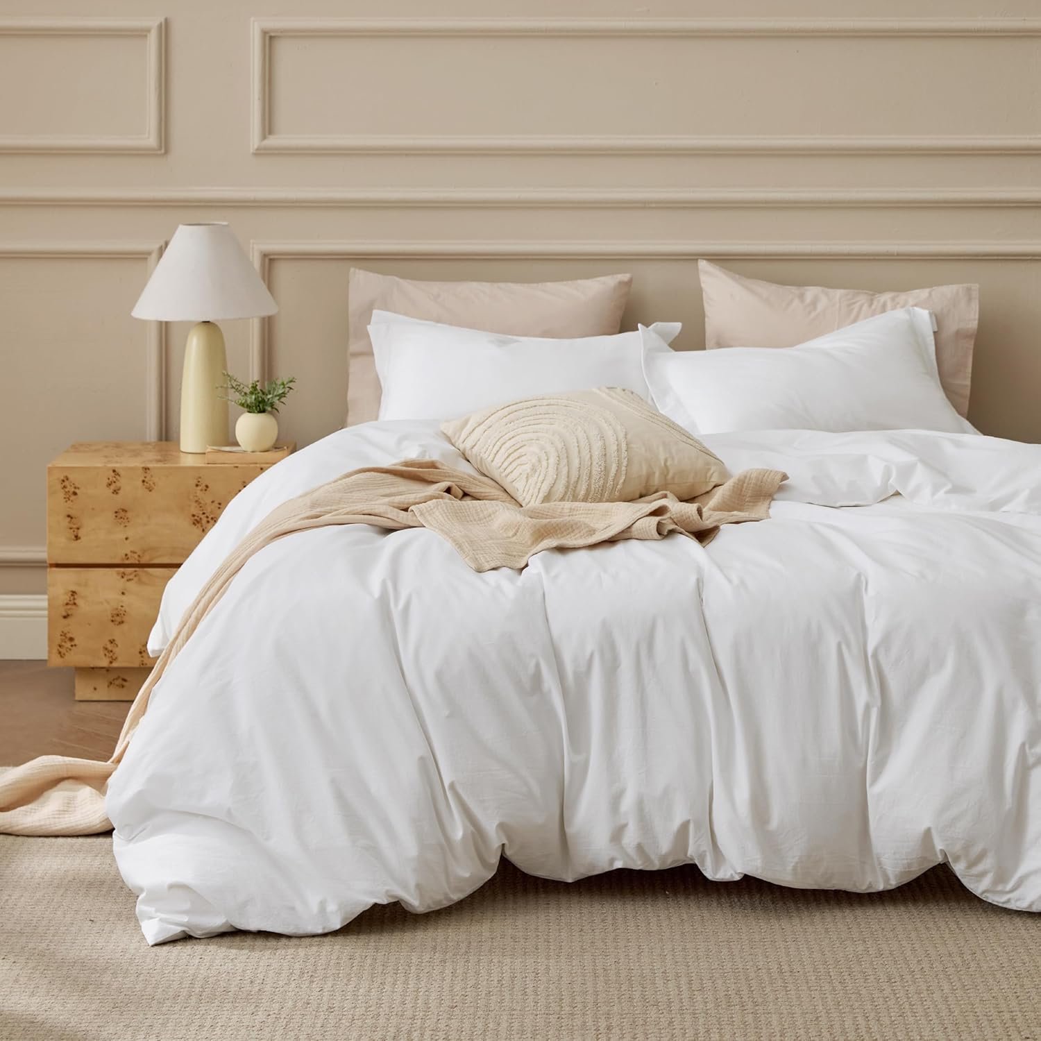 Bedsure 100% Washed Cotton Duvet Cover King Size – Natural White Minimalist Bedding Set Linen Like – PureWoven Plain Simple & Soft Comforter Cover for All Seasons (Natural White, King, 104″x90″)