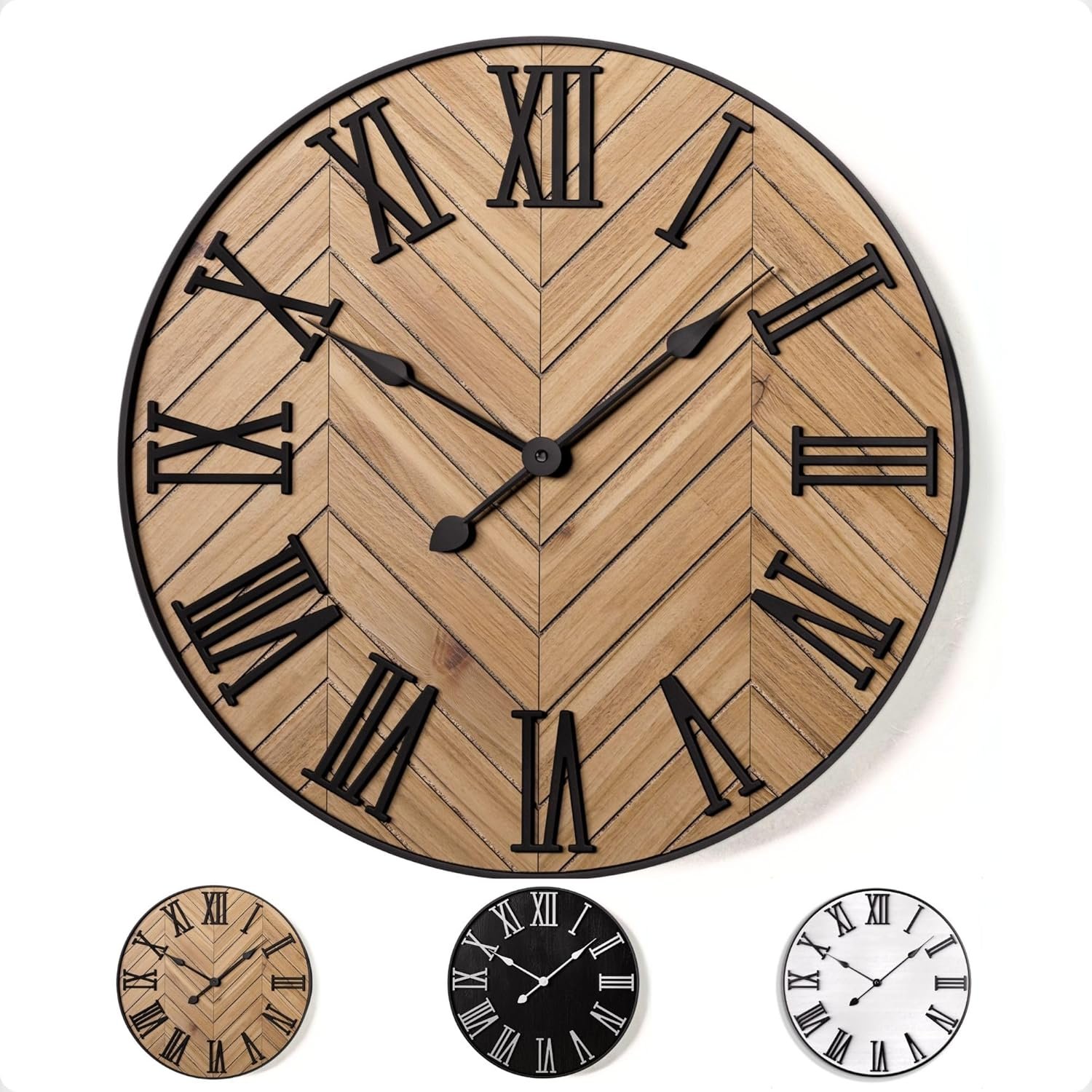 Large Wall Clock 24″ Round – Silent Metal & Wood Large Farmhouse Wall Clock For Living Room Decor with 3D Roman Numerals – No Ticking – Noiseless Big Wood Decorative Clocks for Living Room Decor