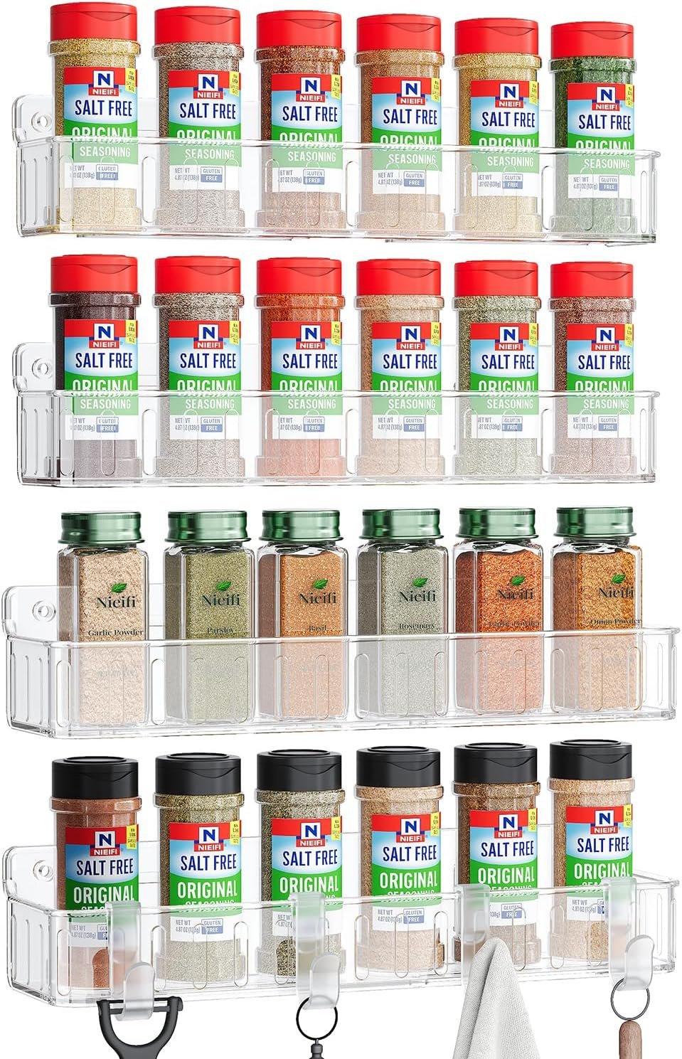 Nieifi Spice Rack Wall Mount, 4 Pack, Clear, Screw or Adhesive Installation, Spice Rack Organizer for Small Spice Jars, Suitable for Kitchen Cabinet or Pantry Door