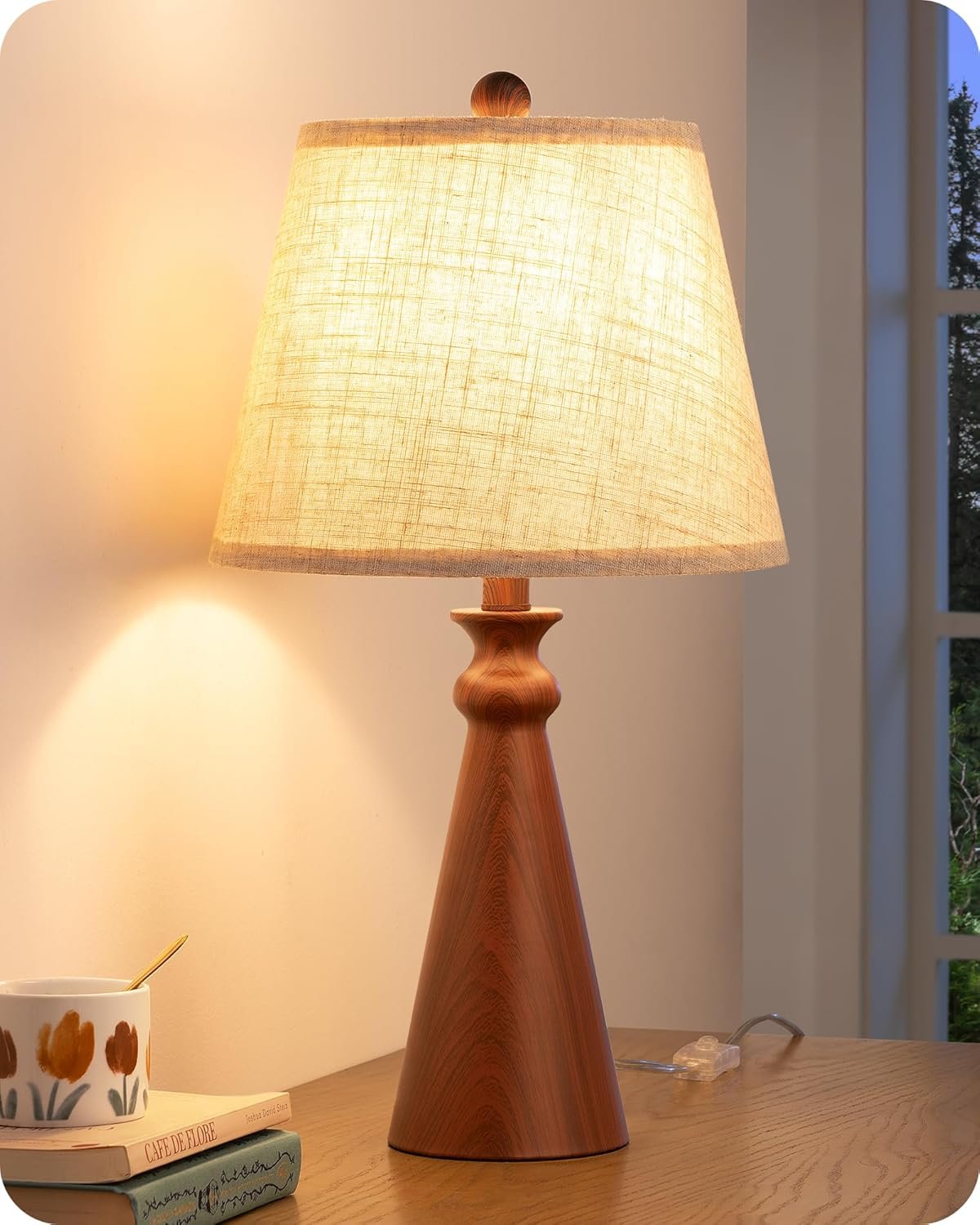EDISHINE 21.85″ Boho Table Lamp, Rustic Bedside Lamp, Water Transfer Red Wood Grain Metal Base, Beige Linen Shade, Farmhouse Nightstand Lamp for Living Room, Bedroom, Office, E26 Base