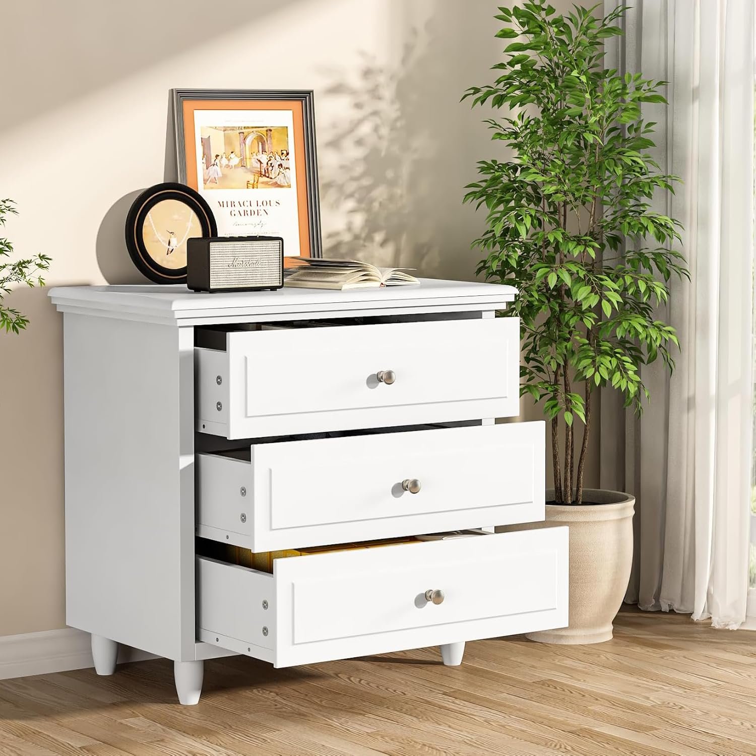 AWQM White Nightstand, 3 Drawer Night Stand, 22 Inch Wider Side Table with Storage, Rattan Boho Bedside Table, End Table for Bedroom, White